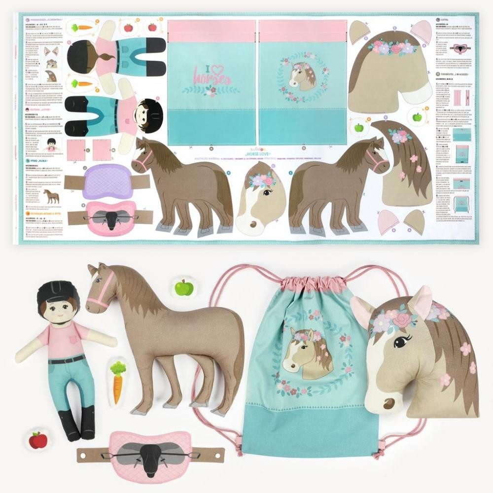 kullaloo Stoff - Cut & Sew Panel HORSE LOVE Pferd Reiterin Nähset