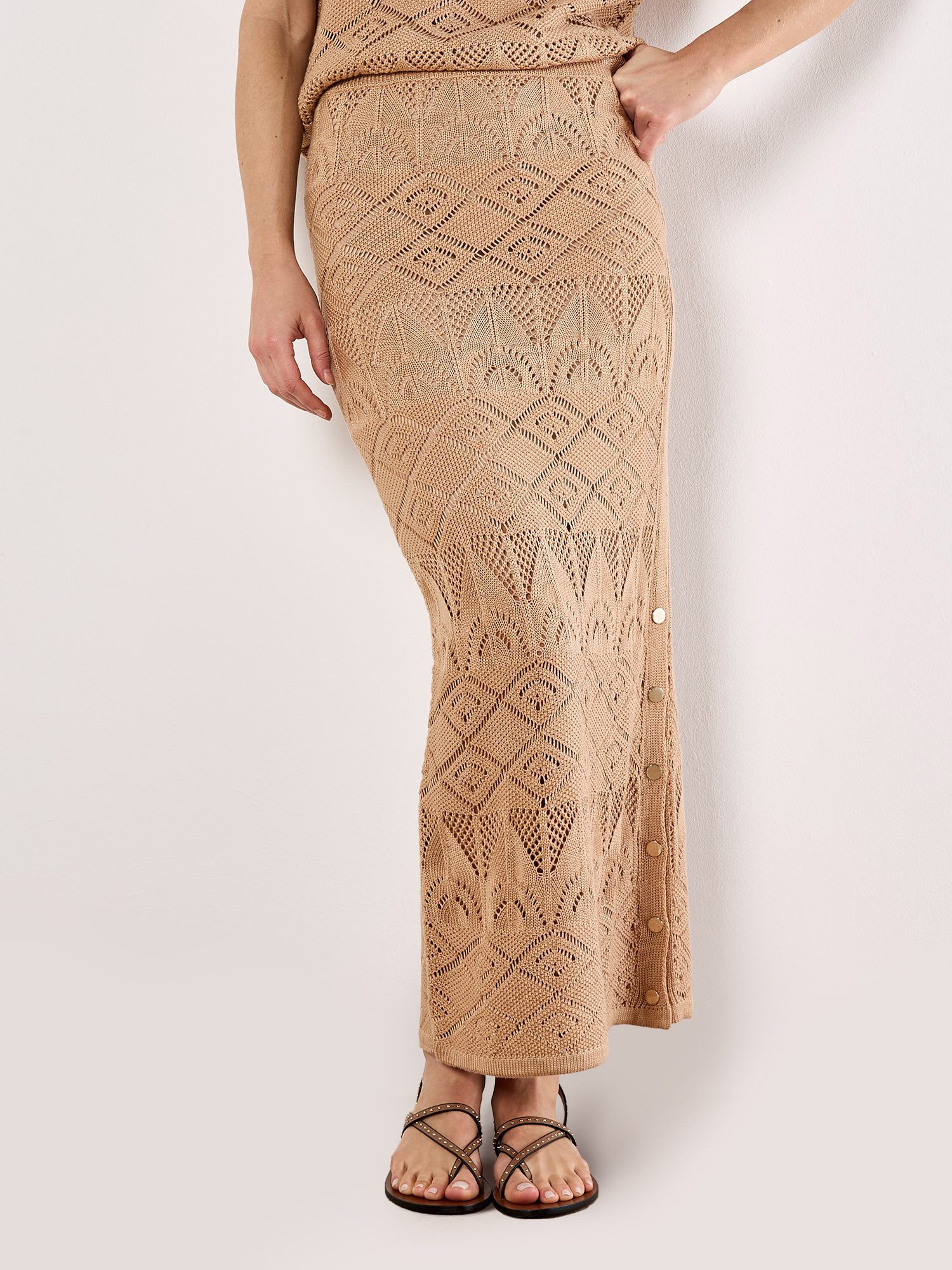 Apricot Maxirock Mixed Pointelle Knit Maxi Skirt mit zierenden Knöpfen