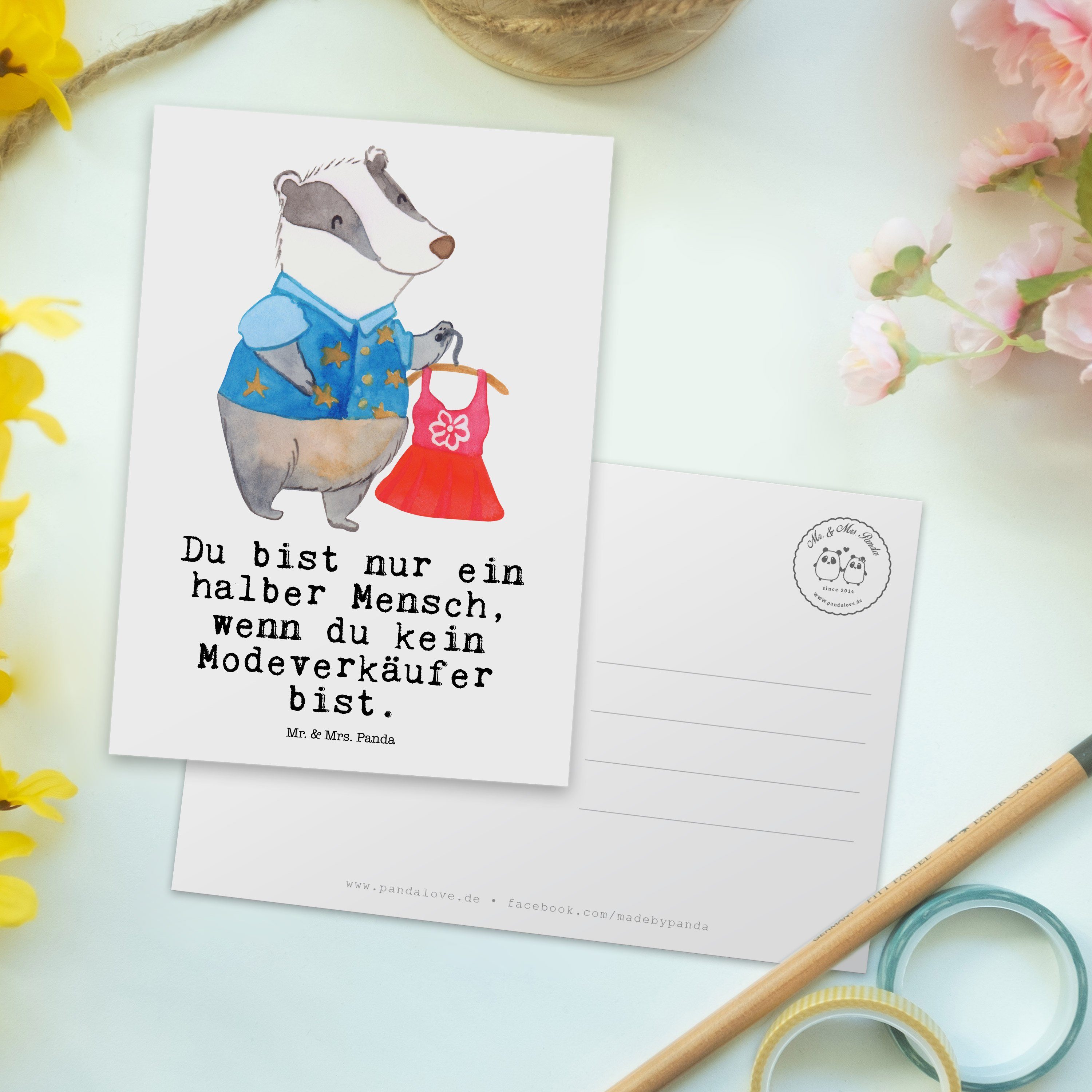 Mr. & Mrs. Panda Postkarte Fashion Modeverkäufer - Dankeskarte, - mit Geschenk, Rente, Herz Weiß