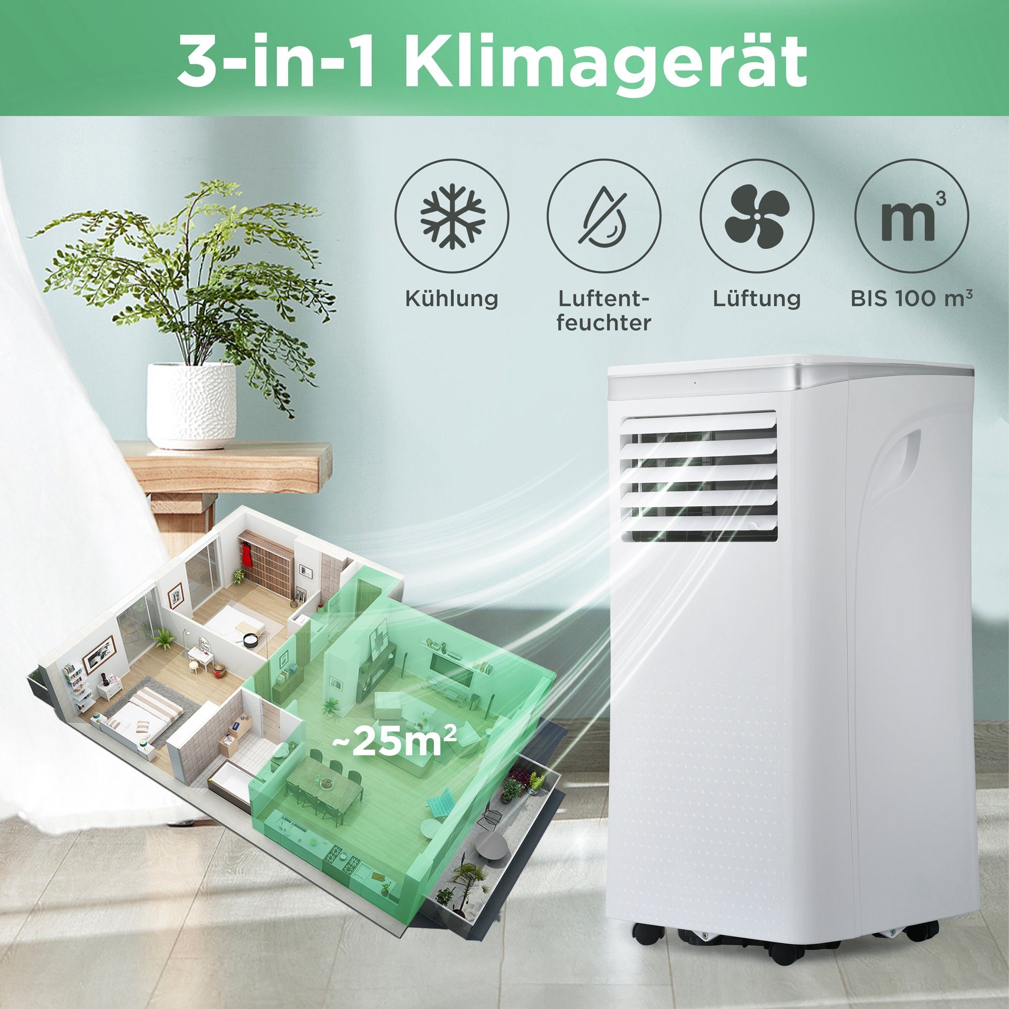 Merax Klimagerät 3-in-1 Klimagerät mit Wifi und Fernbedienung, 24h-Timer, 9000 BTU/h mobile Klimaanlage für 100 m³ inkl. APP, Luftentfeuchter