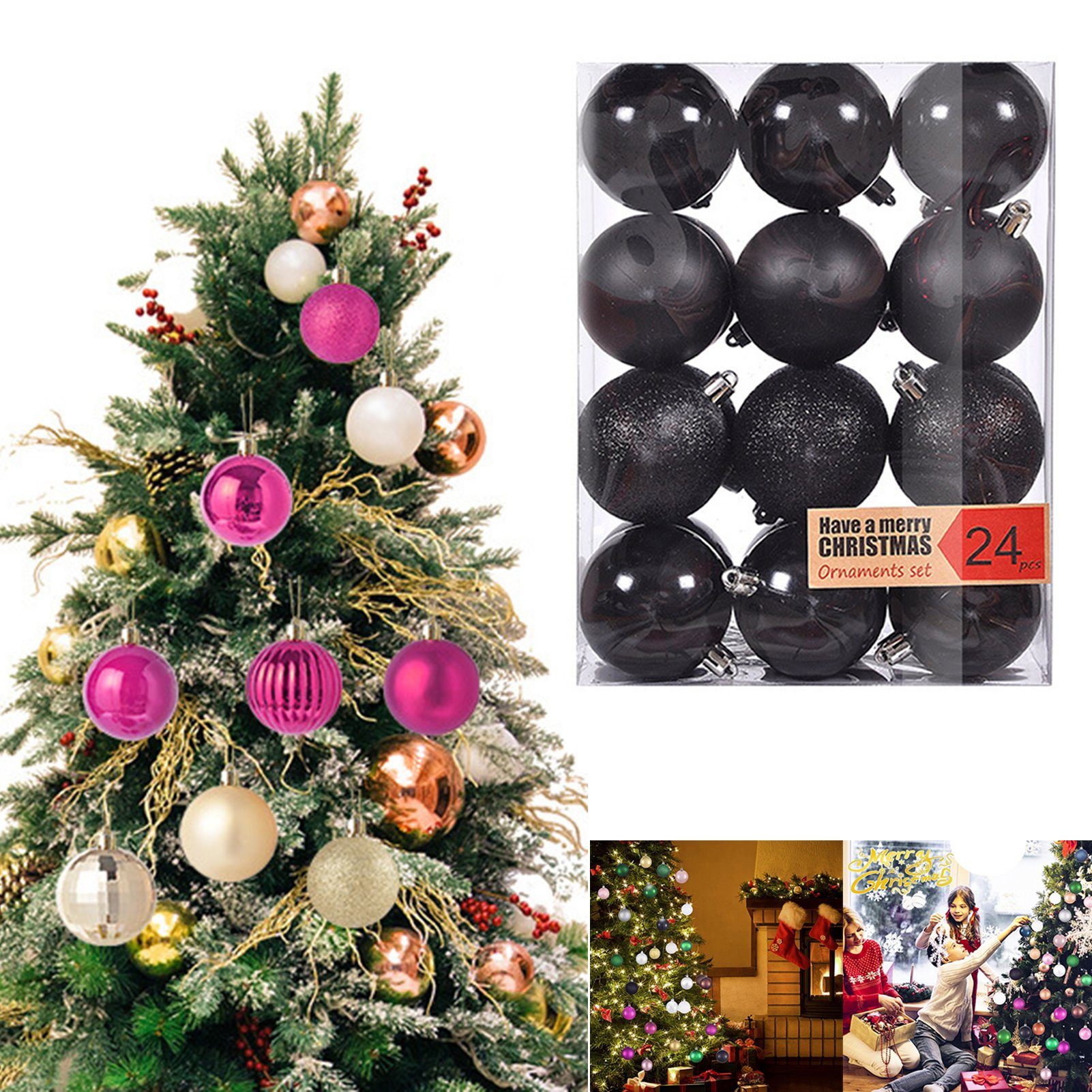 Weihnachtsfeier Stück Weihnachtsdeko, Schwarz 6cm 24 - Weihnachtskugeln Weihnachtsbaumkugel Schmuck Rutaqian Christbaumkugeln, Weihnachts