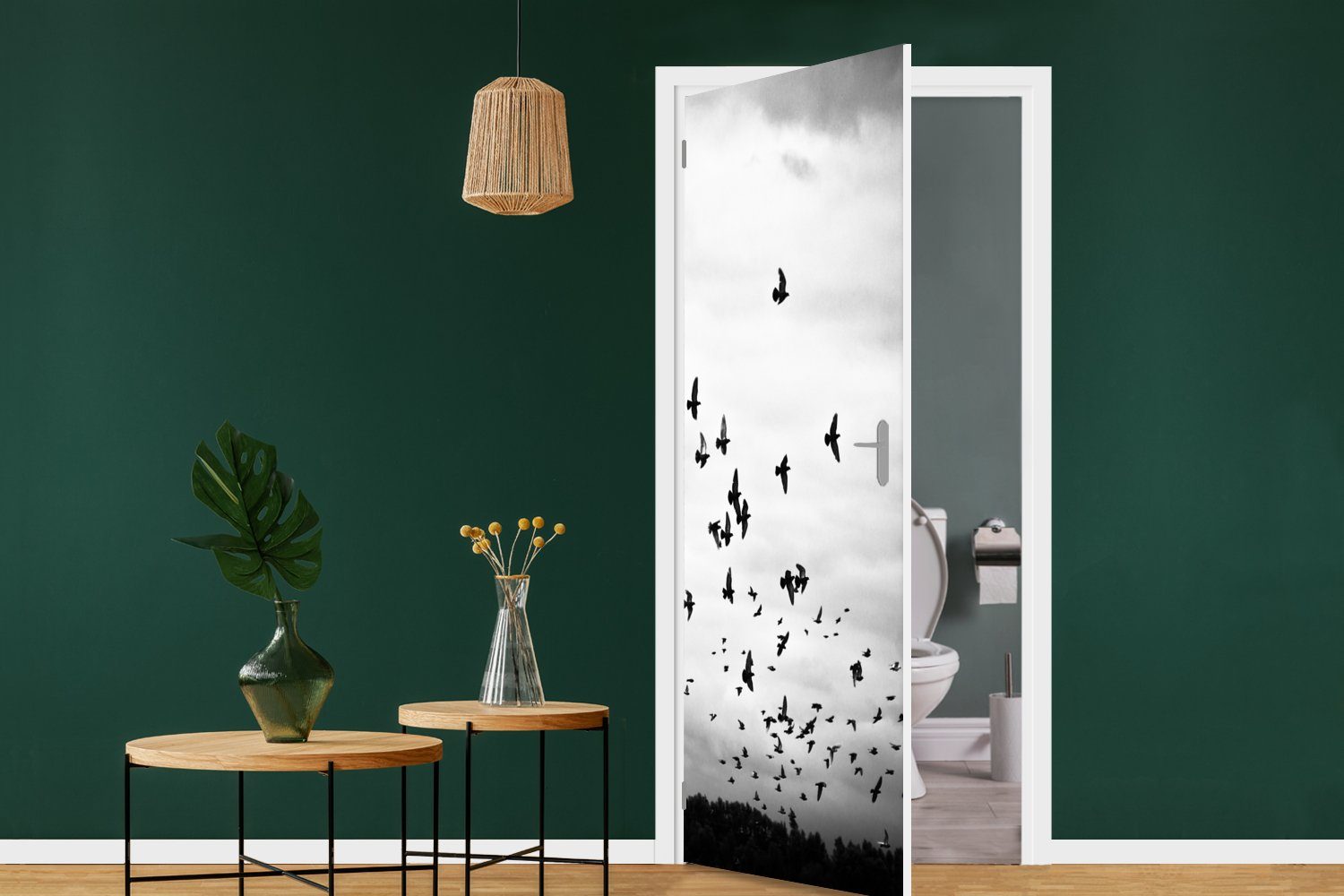 bedruckt, cm - St), Weiß, Fototapete MuchoWow Tür, Wolken Schwarz Türaufkleber, Vögel - Matt, 75x205 für Tiere - - Türtapete (1
