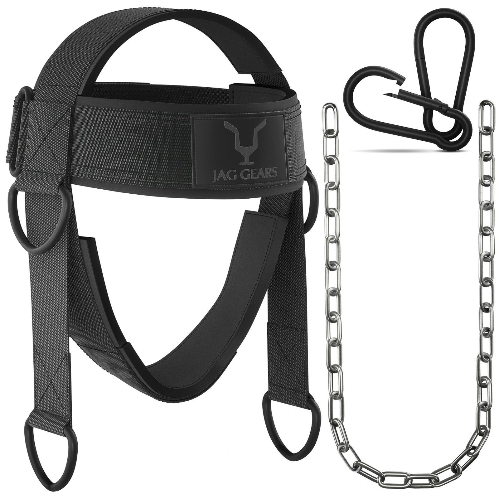 JAG GEARS Gewichtsmanschette Nackentrainer, gepolstert, Klimmzug-Kopfgurt für Nackentraining, (Set, 1 x Nackentraining mit Kettensatz), Gewichtheben Powerlifting