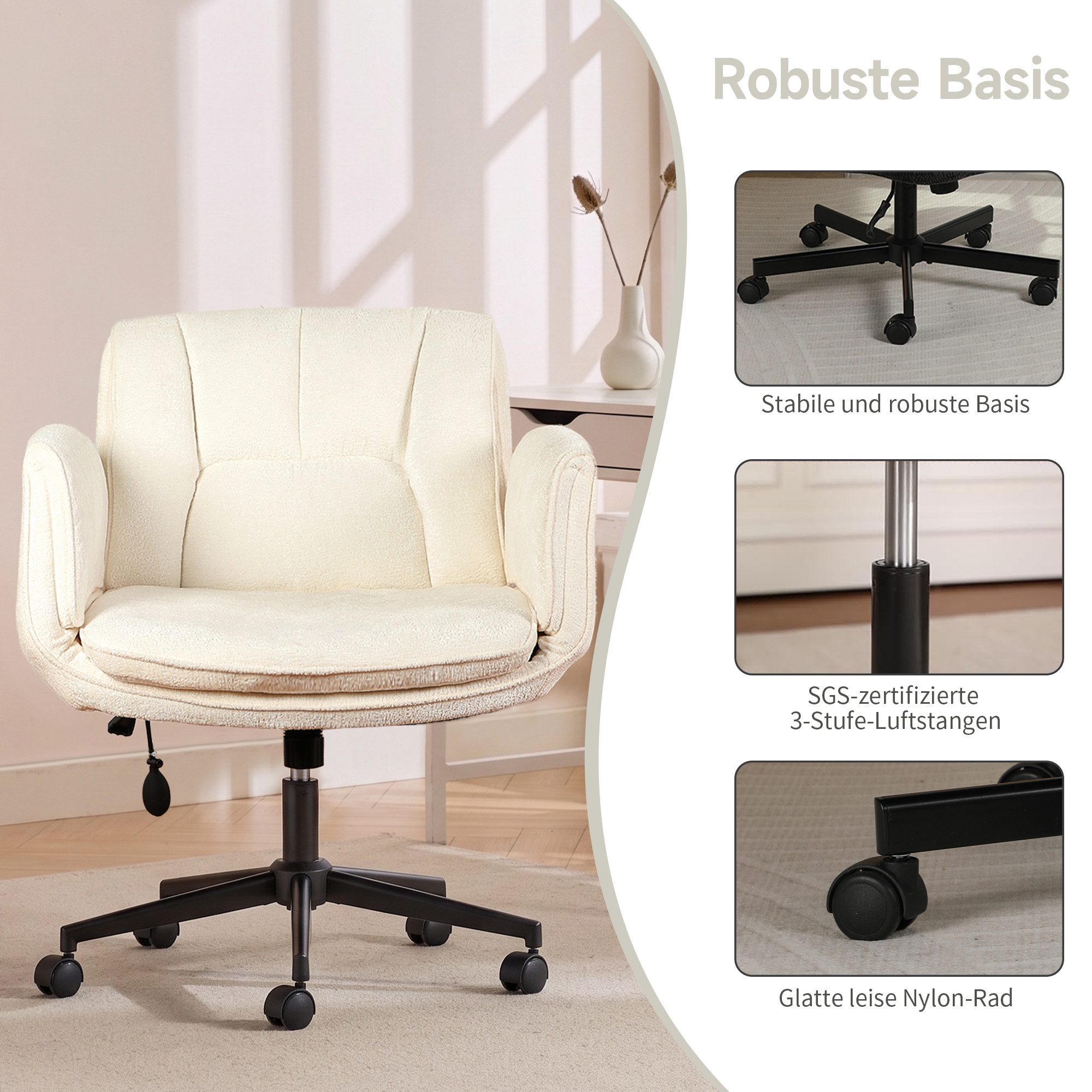 Vankel Drehstuhl Bürostuhl ergonomisch mit breitem Sitz & 5-fach Armlehnen, Schreibtischstuhl mit Chenille-Bezug, Rollen & 150 kg – Bild 5 von 5