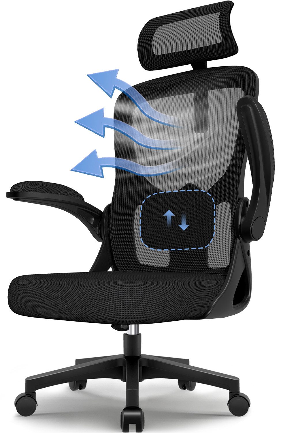 Hiazurm Bürostuhl Bürostuhl, Ergonomischer Schreibtischstuhl, Drehstuhl, Для шефа (Verstellbare Armlehne,leise Rolle,Bis 155 kg belastbar, Atmungsaktiv,Sitzhöhe Einstellung,Wippfunktion 90°-135), Mit Lendenkissen, Schwarz