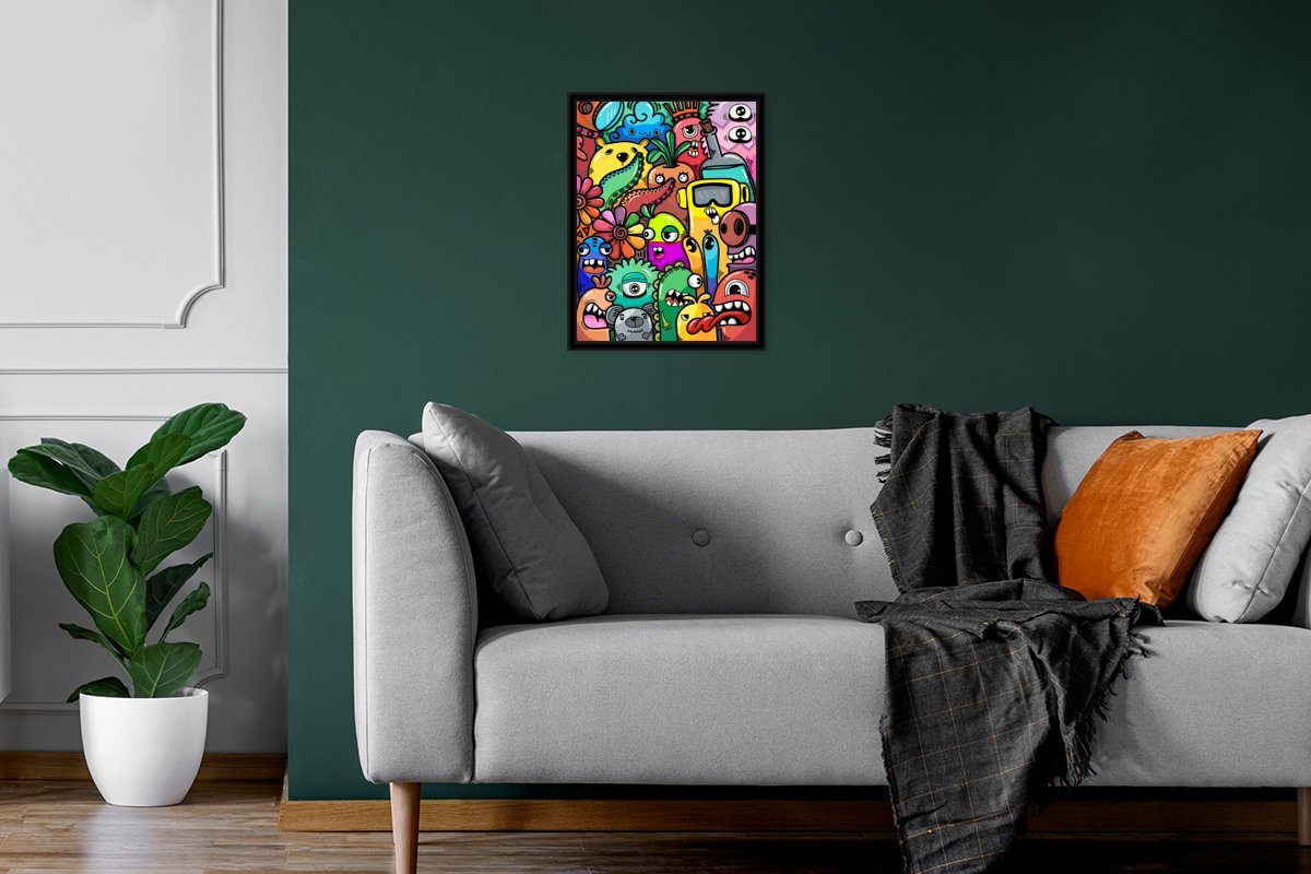 mit (1 Bilderrahmen Poster St), Rahmen, - Blumen - - - Kunstdruck, Regenbogen Schwarzem Kinder, Gerahmtes Poster, - Monster Gemüse MuchoWow Muster