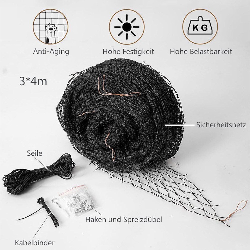 TUWENA Schutznetz Katzennetz für Balkon, Biss-und Reißfestes Balkonnetz, UV-beständig, Katzennetz Drahtverstärkt mit Befestigungsseil, Nägel, Kabelbinder