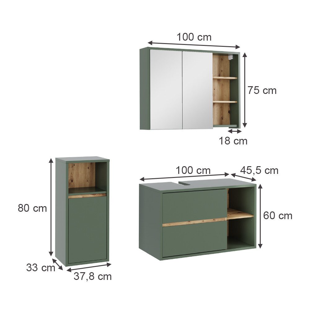 Vicco Badmöbel-Set Viola, Grün/Artisan, 3 Teile, günstig online kaufen