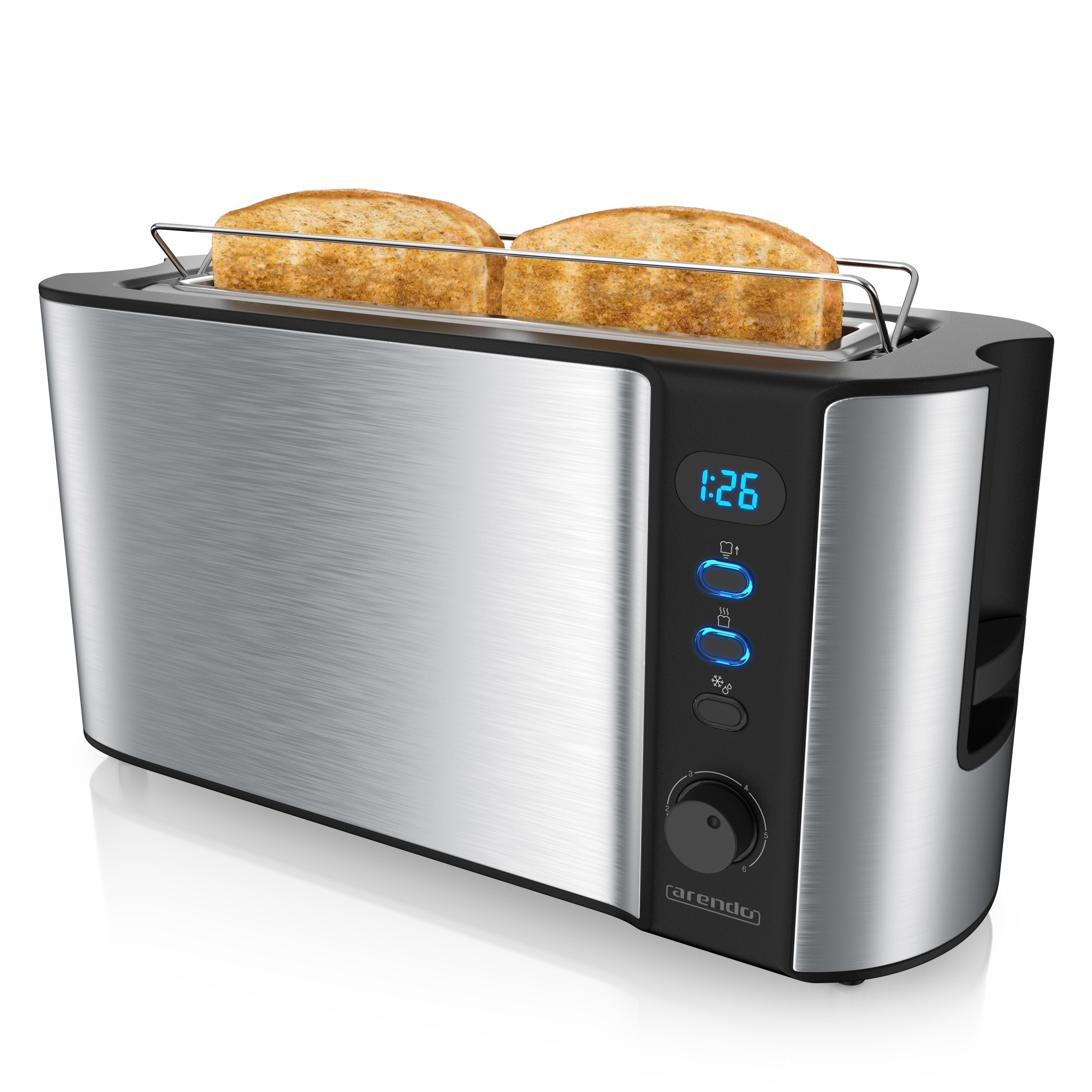 Arendo Toaster, 1 langer Schlitz, für 2 Scheiben, 1000 W, Langschlitz, Brötchenaufsatz, Wärmeisolierendes Gehäuse, Display Edelstahl