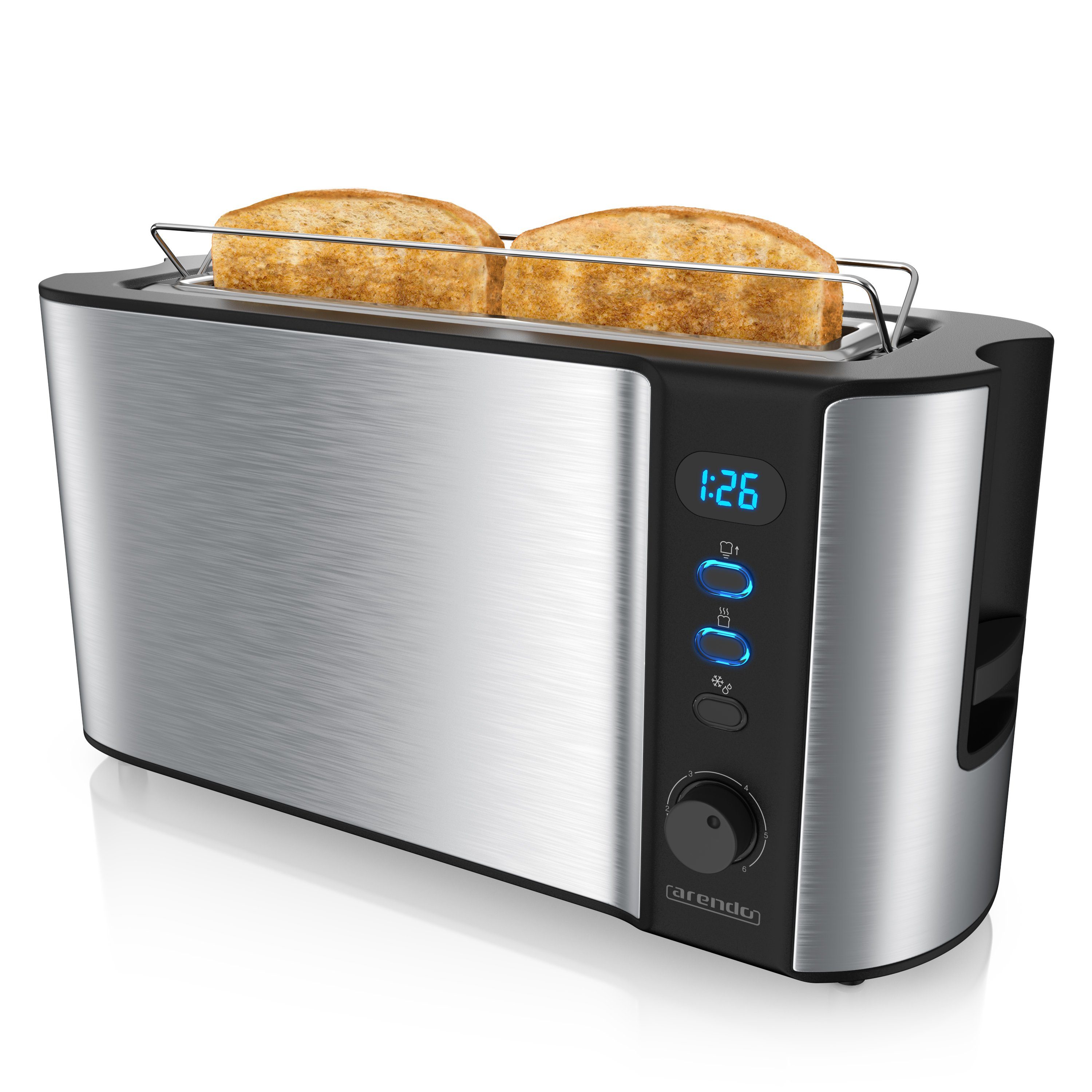 Arendo Toaster Edelstahl, Langschlitz, Display mit Restzeitanzeige, Brötchenaufsatz, 1 langer Schlitz, für 2 Scheiben, 1000 W, Defrost Funktion, Wärmeisolierendes Gehäuse, Krümelschublade