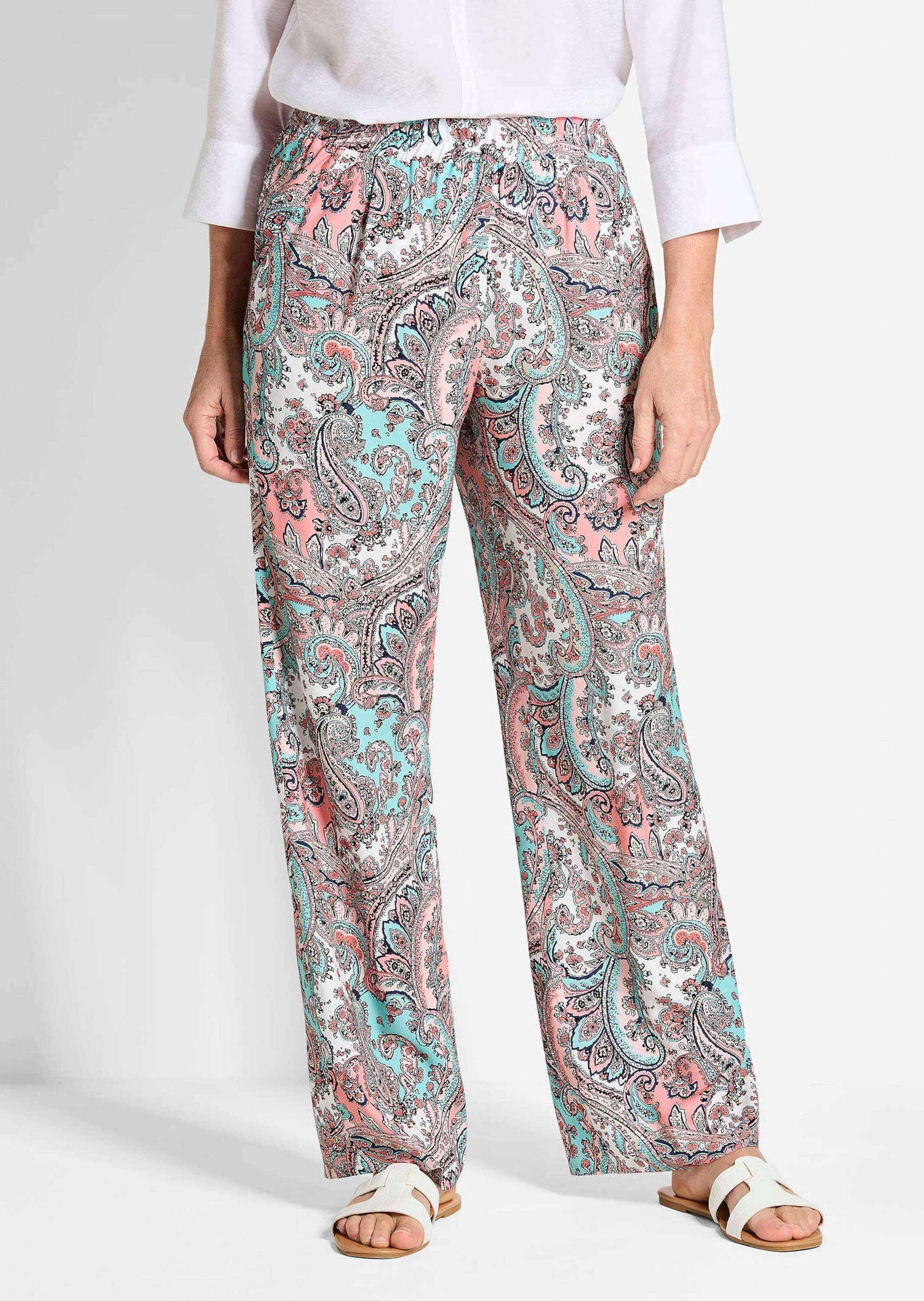 GOLDNER Stoffhose Lange Viskose Schlupfhose mit Paisley-Print und weitem Bein Druckhose Damen, rosa weiß gemustert, weich fallend, Urlaub