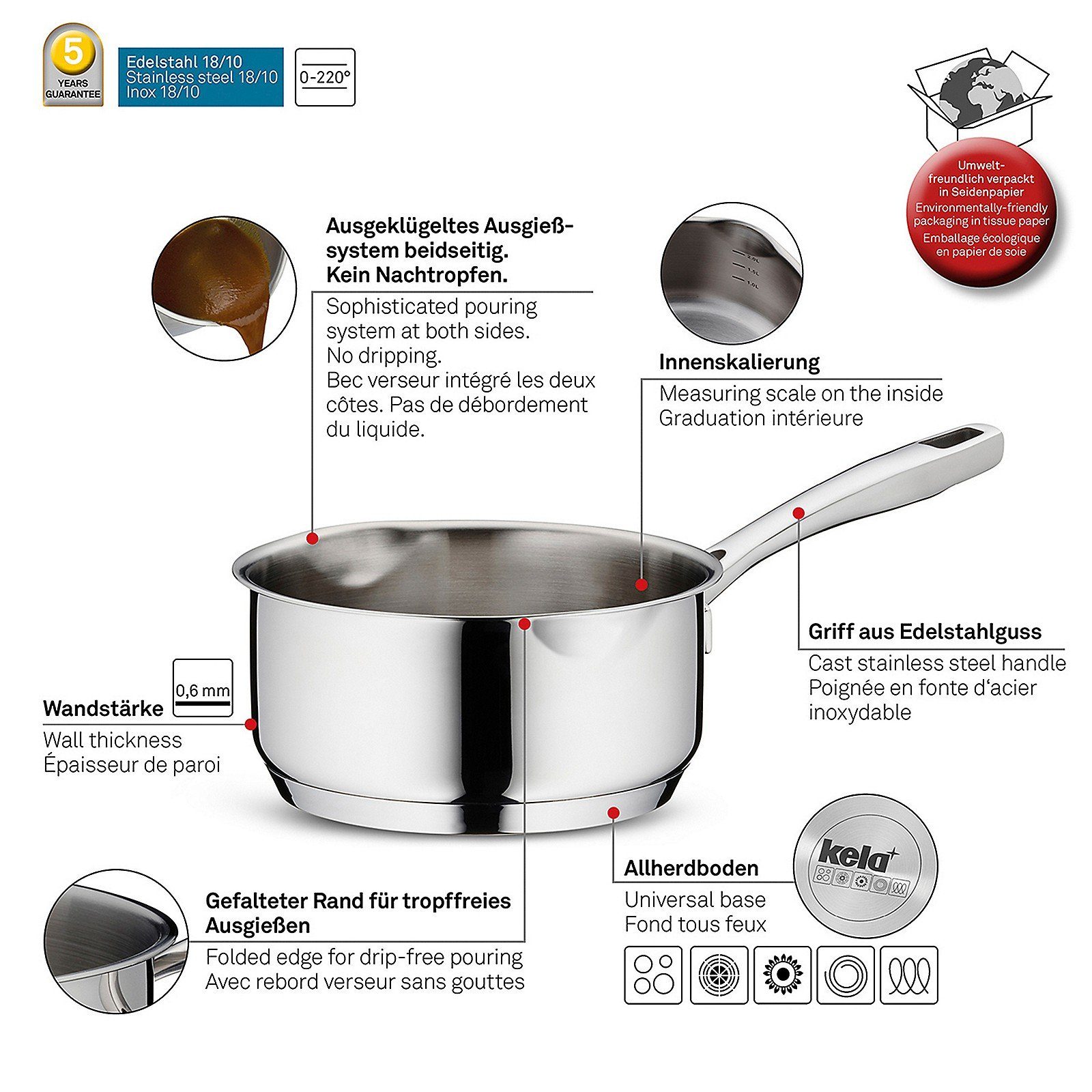kela Kasserolle Flavoria, Edelstahl 18, 10, Allherdboden, Innenskala, 2 Ausgießer, bis 220°C nutzbar