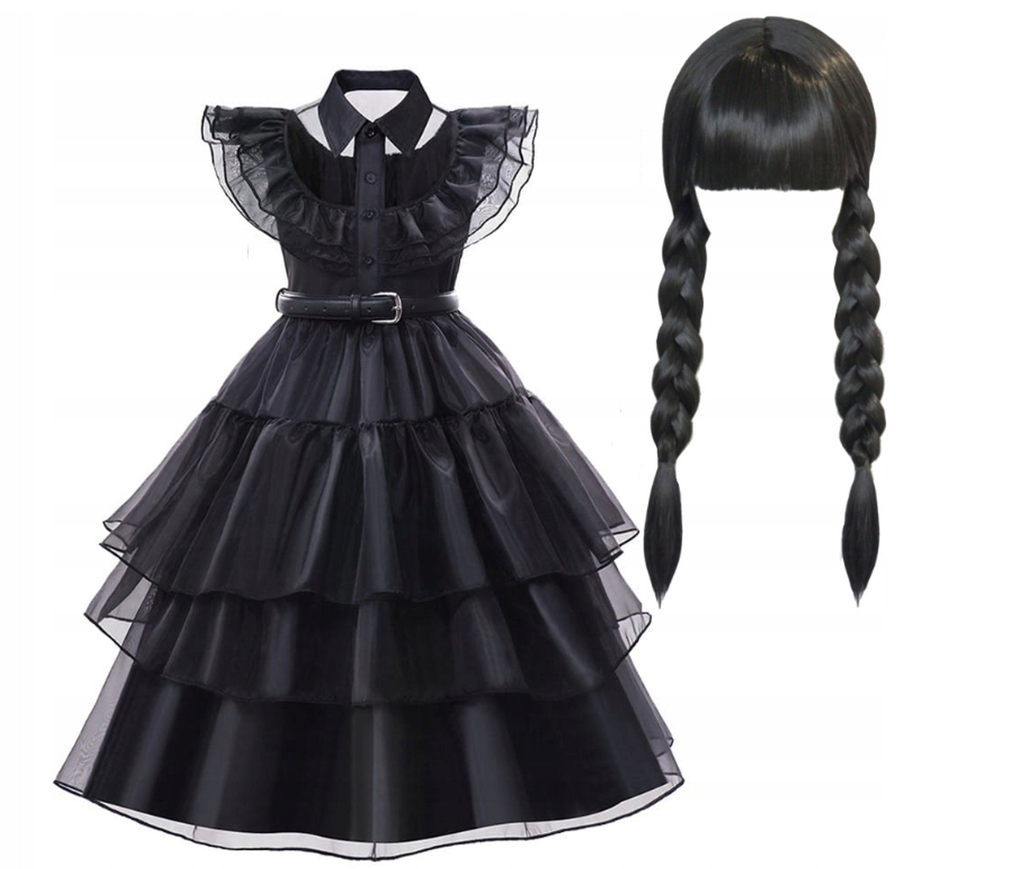 Festivalartikel Kostüm Wednesday Addams Kostüm Verkleidung Girl Schwarz Black Kleid + Perücke