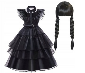 Festivalartikel Kostüm Wednesday Addams Kostüm Verkleidung Girl Schwarz Black Kleid + Perücke