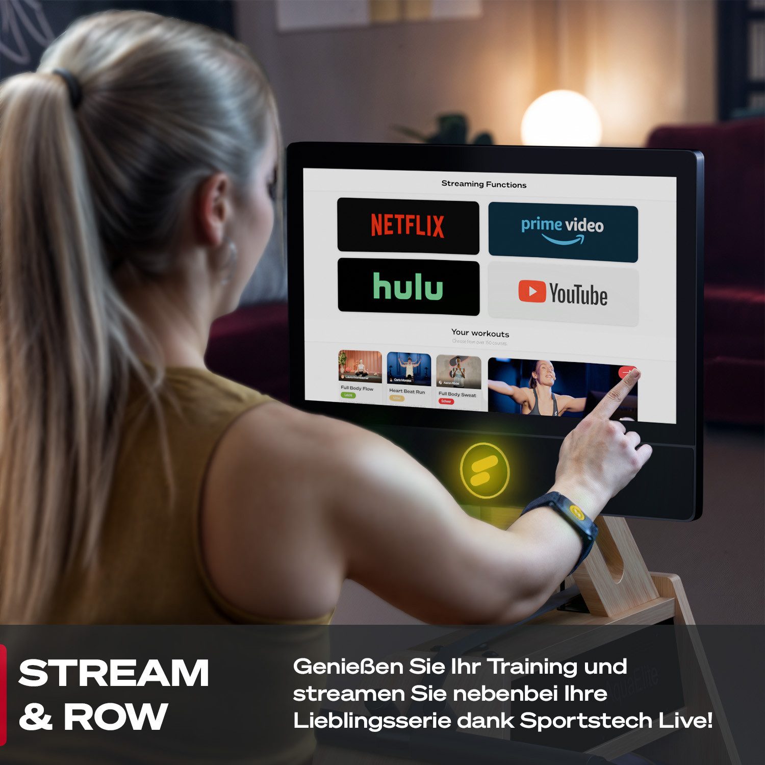 Sportstech Rudergerät AquaElite Wasserrudergerät, LED, App-Konnektivität, klappbar, 21,5" HD-Display