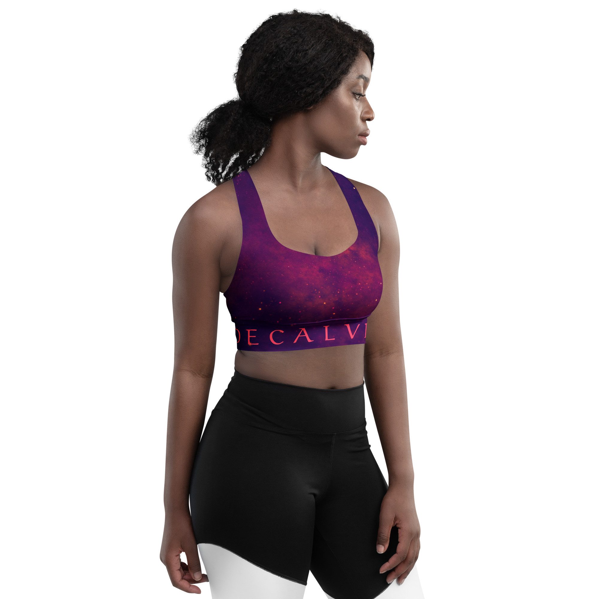 DECALVIBES Sport-BH Longline Sports Bra Purple Inferno Longline Design, starker Halt, herausnehmbare Pads, atmungsaktiv