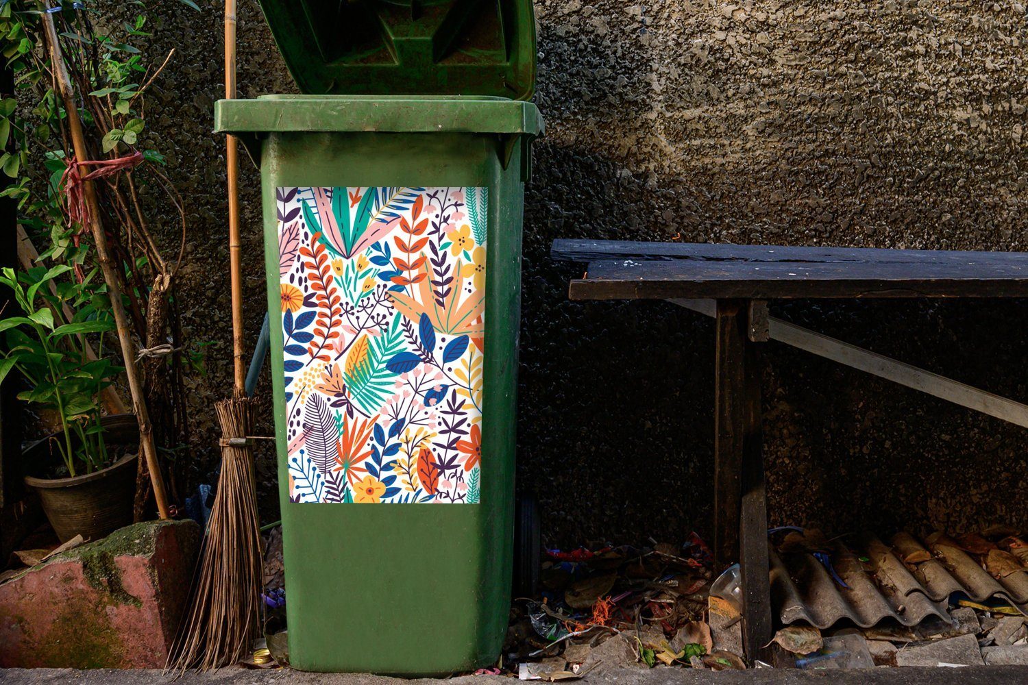 - Container, Abfalbehälter MuchoWow Pflanzen St), Sticker, - - Muster Sommer Blätter Mülltonne, (1 Wandsticker Mülleimer-aufkleber,