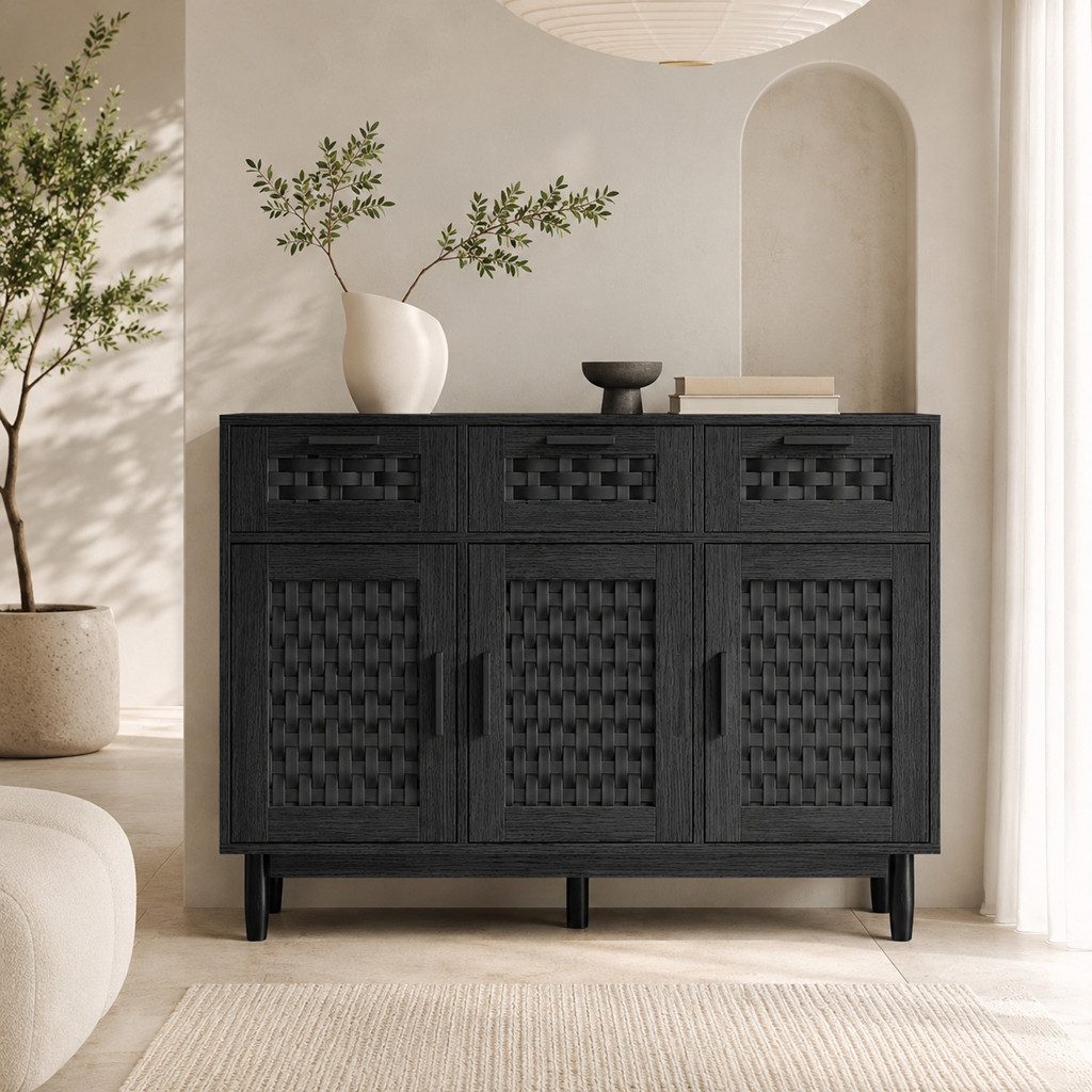 Simurq Sideboard Küchenschrank mit 3 Türen und 3 Schubladen, Buffetschrank (1 St., Stauraumschrank 108x40x80 cm), Kommode, Rattanoptik, moderner Stil