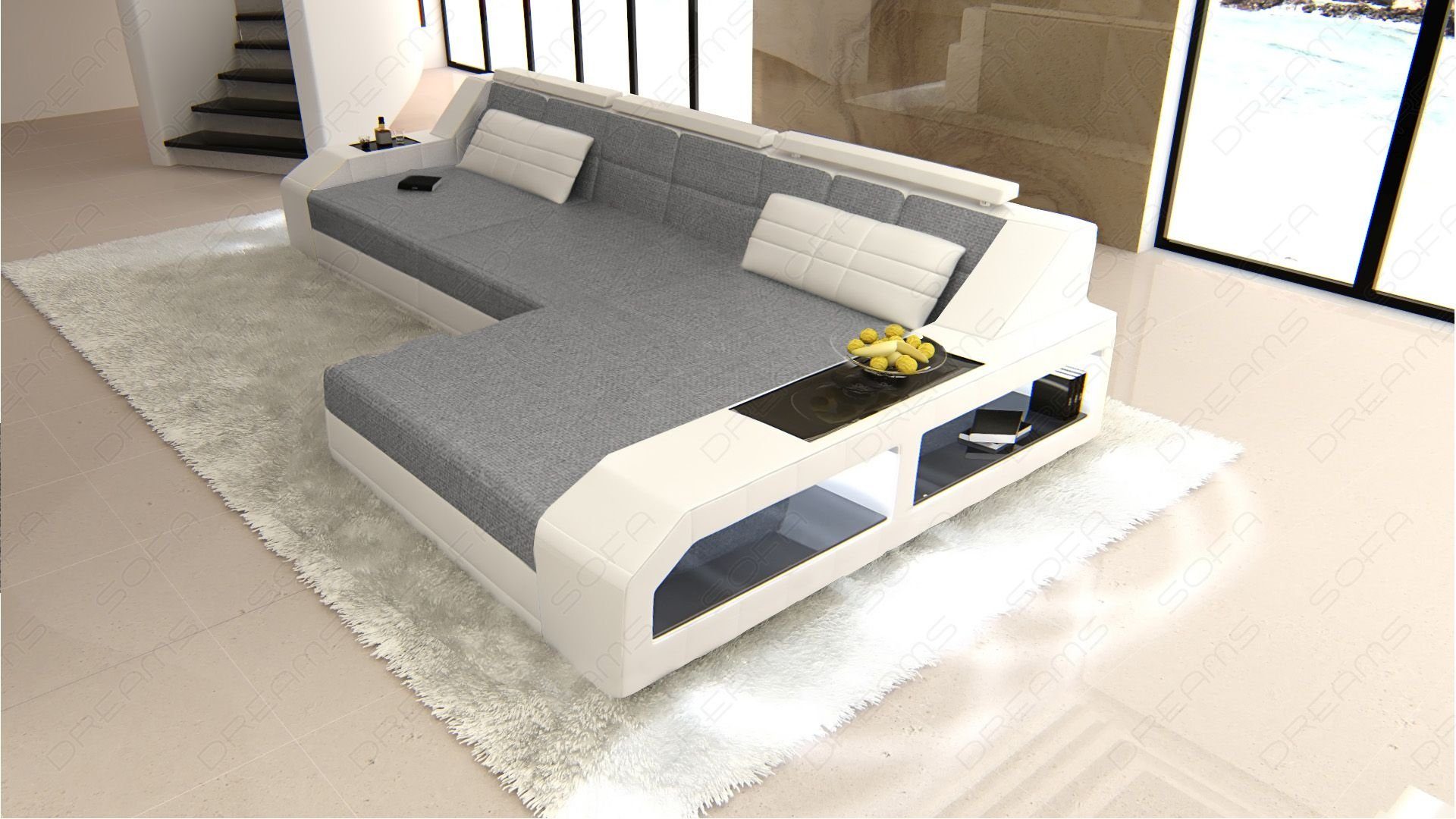 L Dreams Couch LED, mit Polster Bettfunktion als Grau-Weiss H5 mit Stoffsofa Stoff Sofa Designersofa Schlafsofa, Arezzo Polstersofa, Ecksofa Form wahlweise