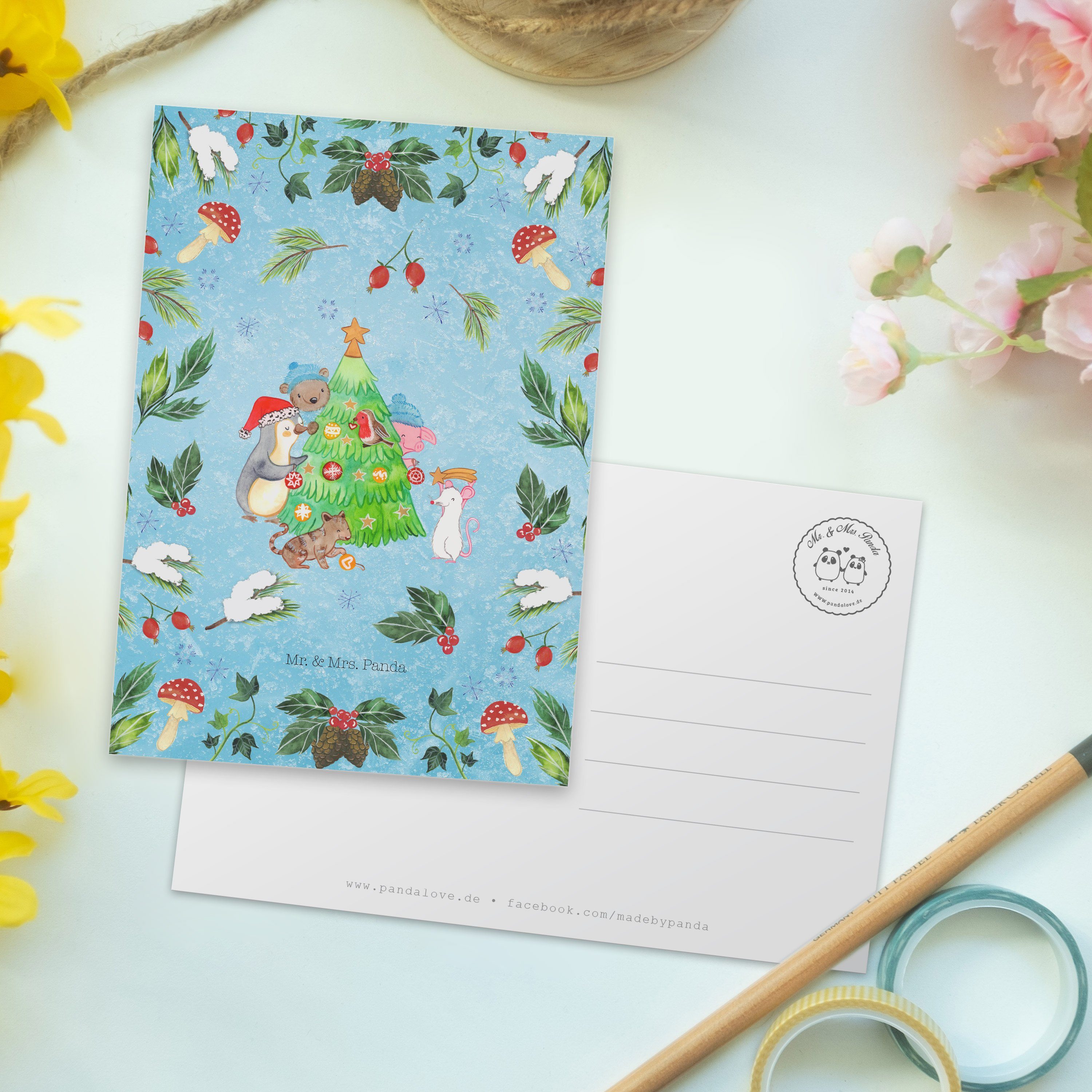 Mr. & Mrs. Panda - Geschenk, Weihnachtsbaum Eisblau schmücken - Postkarte Weihnachtsdeko, Einlad
