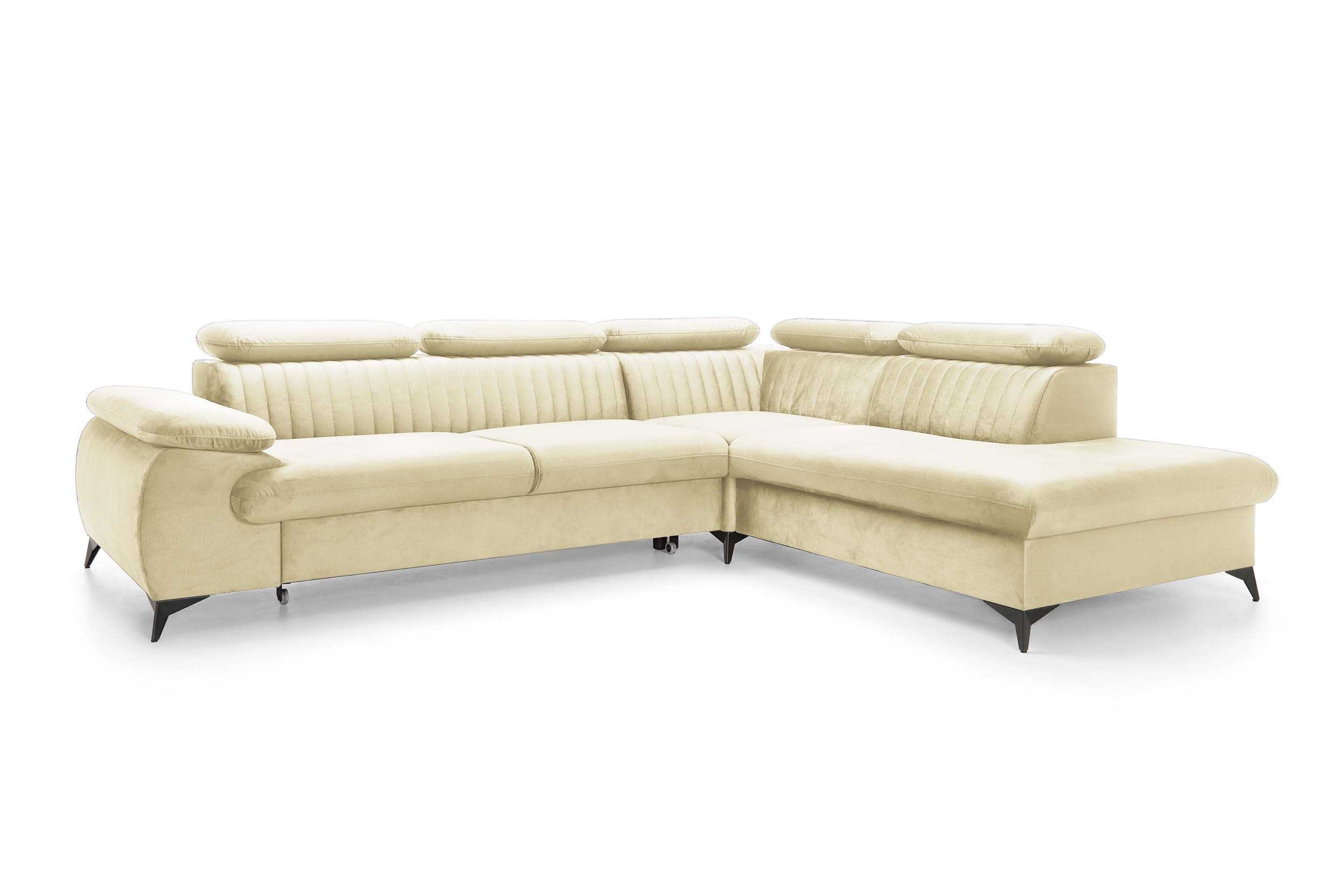 Goldstoff Ecksofa mit Schlaffunktion und Bettkasten, Federkern Schlafsofa