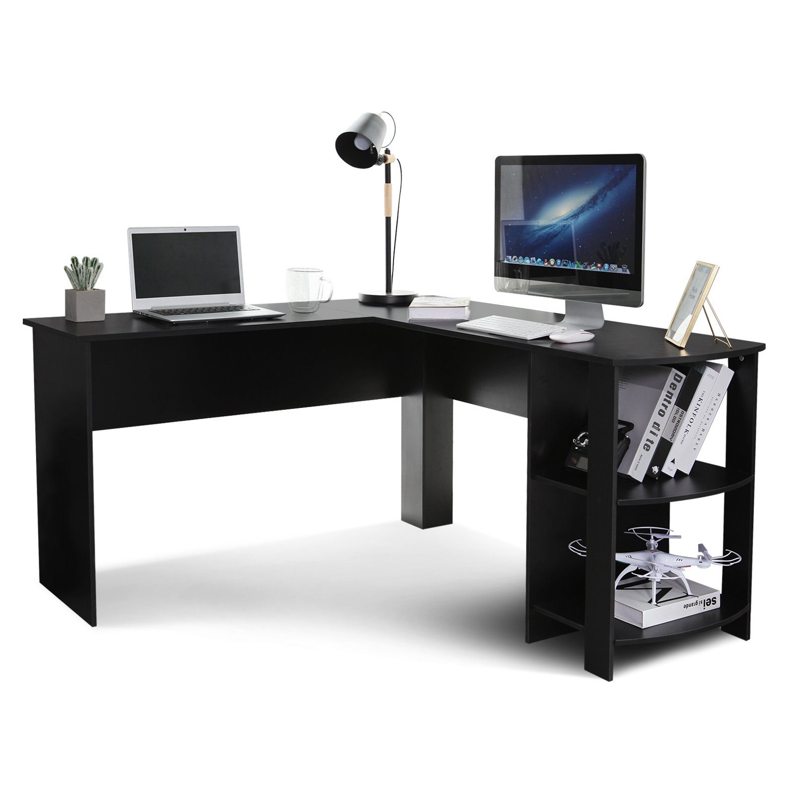 Mondeer Eckschreibtisch L-Computertisch, L-Förmig Schreibtisch mit 2 abgerundeten Ablagen, Schwarz Schwarz | Schwarz | Schwarz