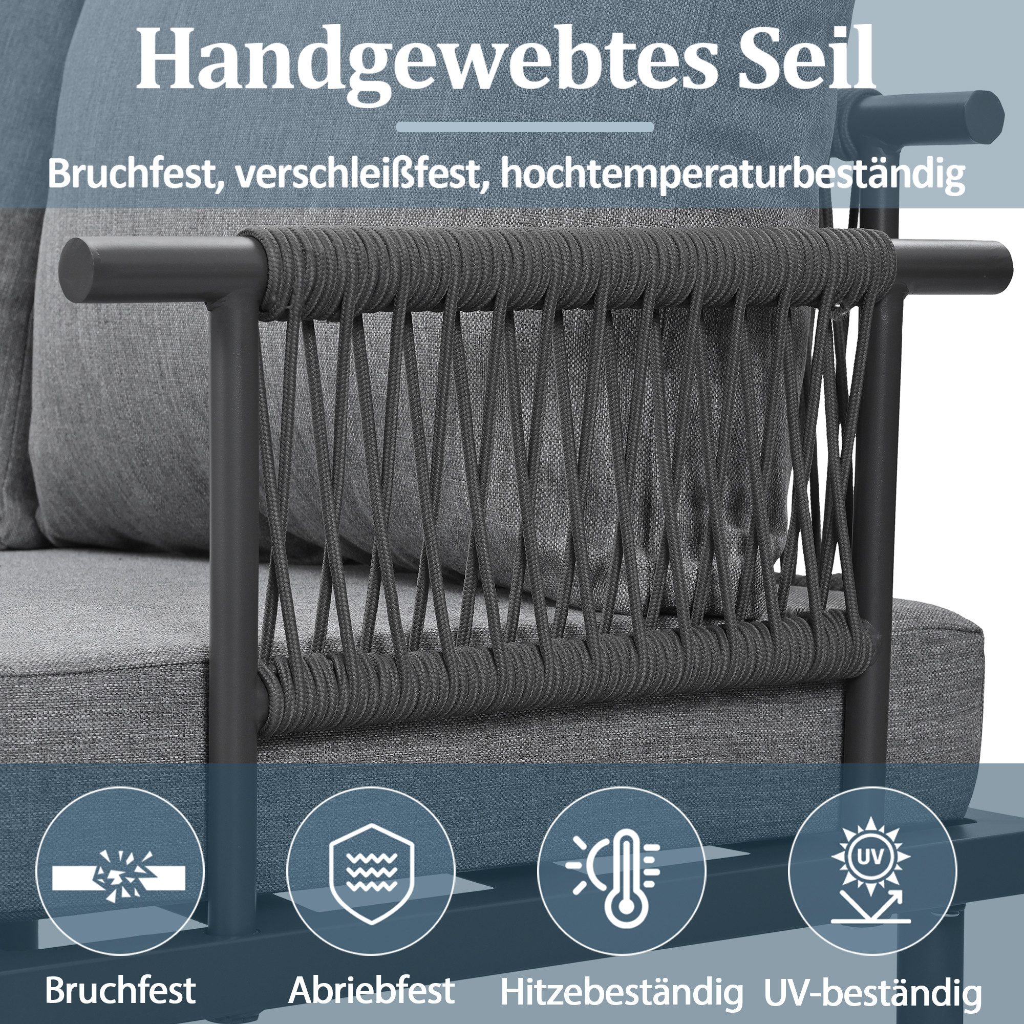 Flieks Gartenlounge-Set, 6 Sitzer frei-kombinierbar Gartenmöbel aus Seil Tischplatte aus Glas