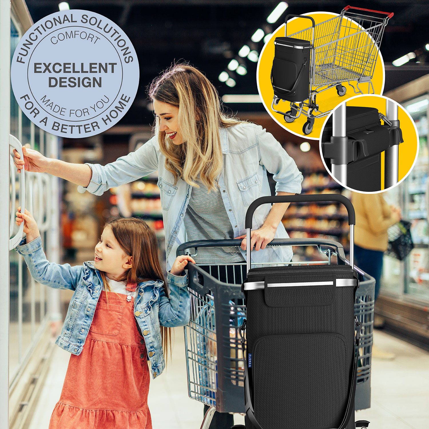 ELONEO Einkaufstrolley Treppensteiger, mit separater Kühltasche, klappbar, 43 l, 3+3 Rad-System, abnehmbare Tasche mit Schultergurt, extrem leicht