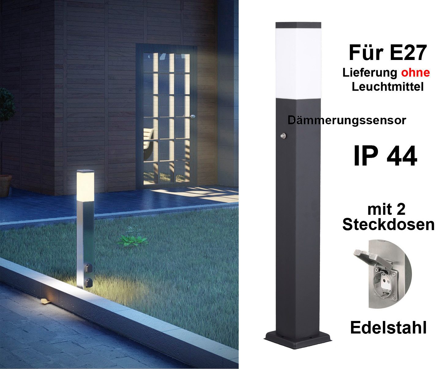 G&L Gartensteckdose LED Pollerleuchte IP44 Gartenstehlampe, Wegeleuchte mit E27-Fassung, Edelstahl Außenleuchte Stehleuchte, mit 2 Steckdosen, Leuchtmittel nich – Bild 3 von 5