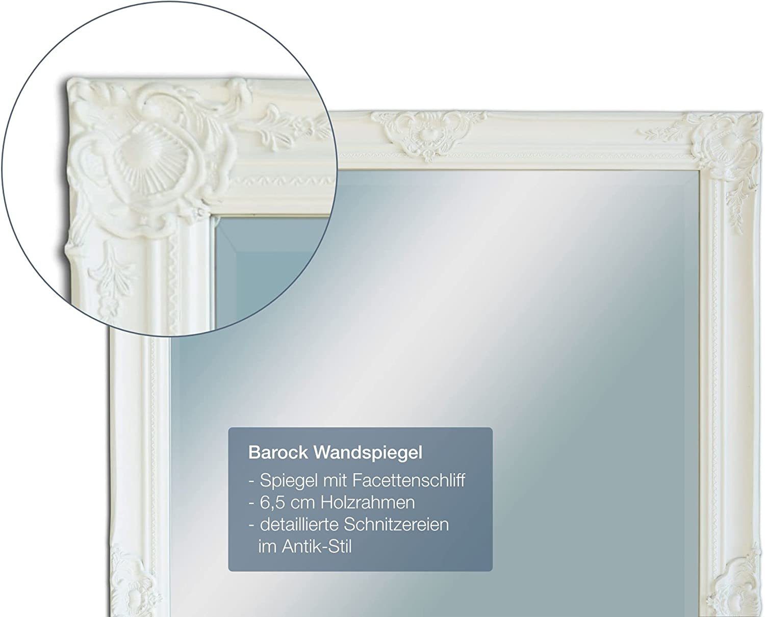 dasmöbelwerk Wandspiegel Wandspiegel Barock Weiß 180x80 cm XL Spiegel Antik Ganzkörperspiegel, Spiegelfläche mit edlem Facettenschliff
