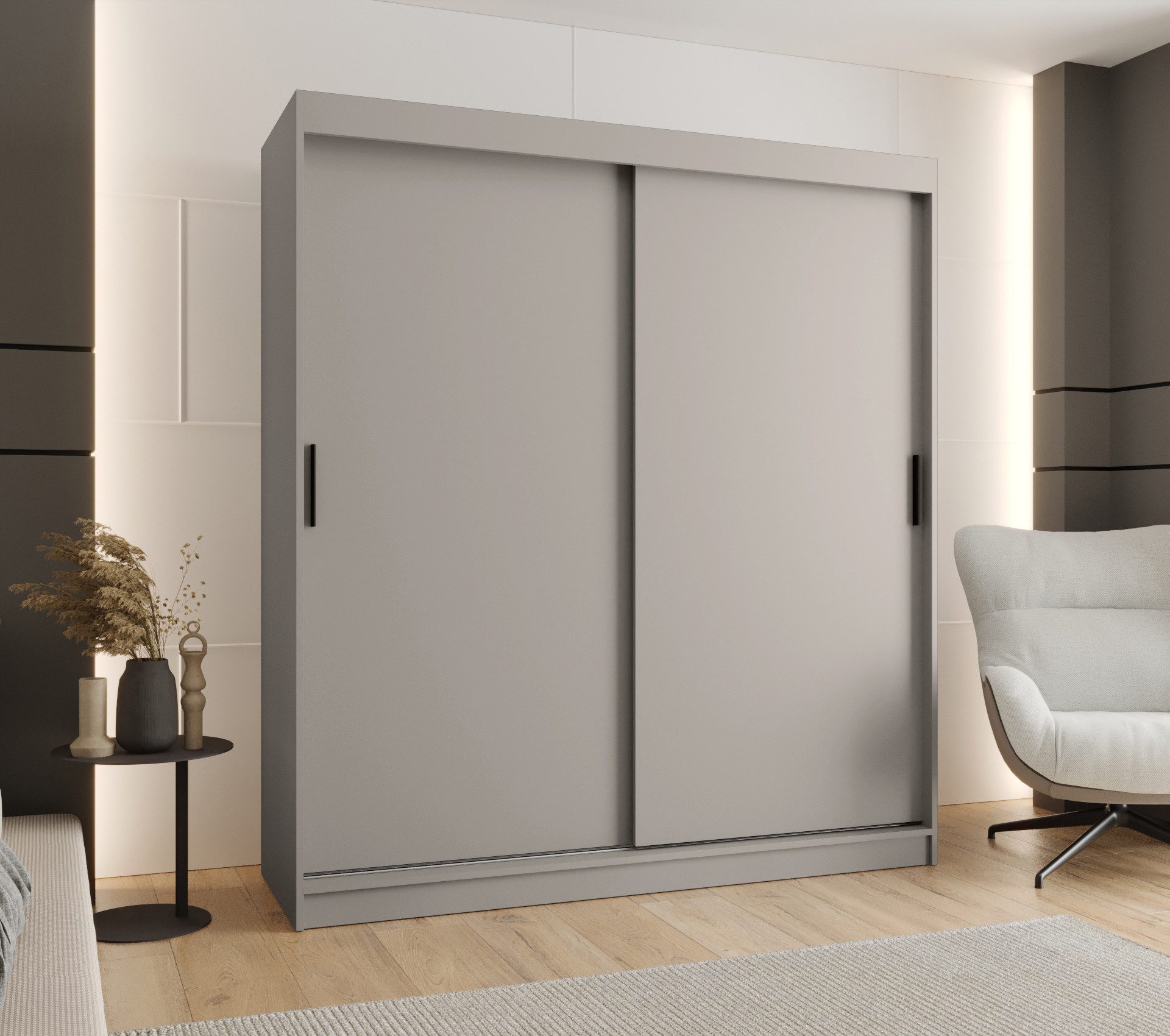 MOEBLO Schiebetürenschrank VELARO T (Moderner Kleiderschrank mit Schiebetüren, Kaschmir & schwarzen Griffen, flexibel einteilbar, mit optionalen Schubladen) (BxHxT):(BxHxT): 100/120/150/180/200/250 x 200 x 62 cm