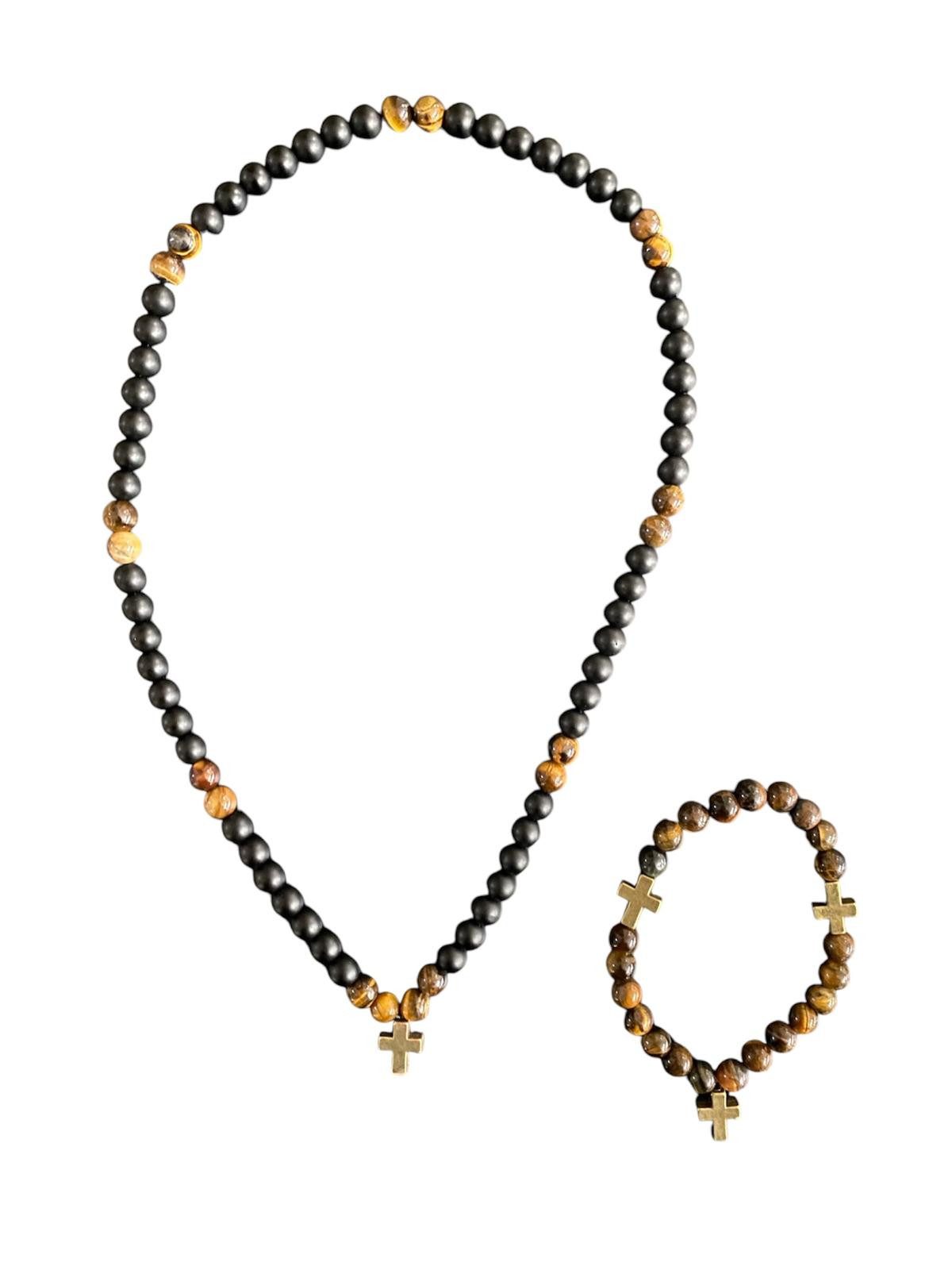 Ketten-Set Tigerauge Obsidian Kreuz Kette mit Armband in Set Hand Made