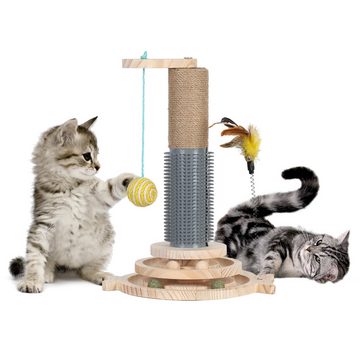 Rutaqian Katzen-Spielschiene Katzenspielzeug aus Holz,5 in 1 Katzenspielzeug, Interaktives Fährtenspielzeug für Katzen mit federnden Federn geeignet für kleine bis mittelgroße Katzen