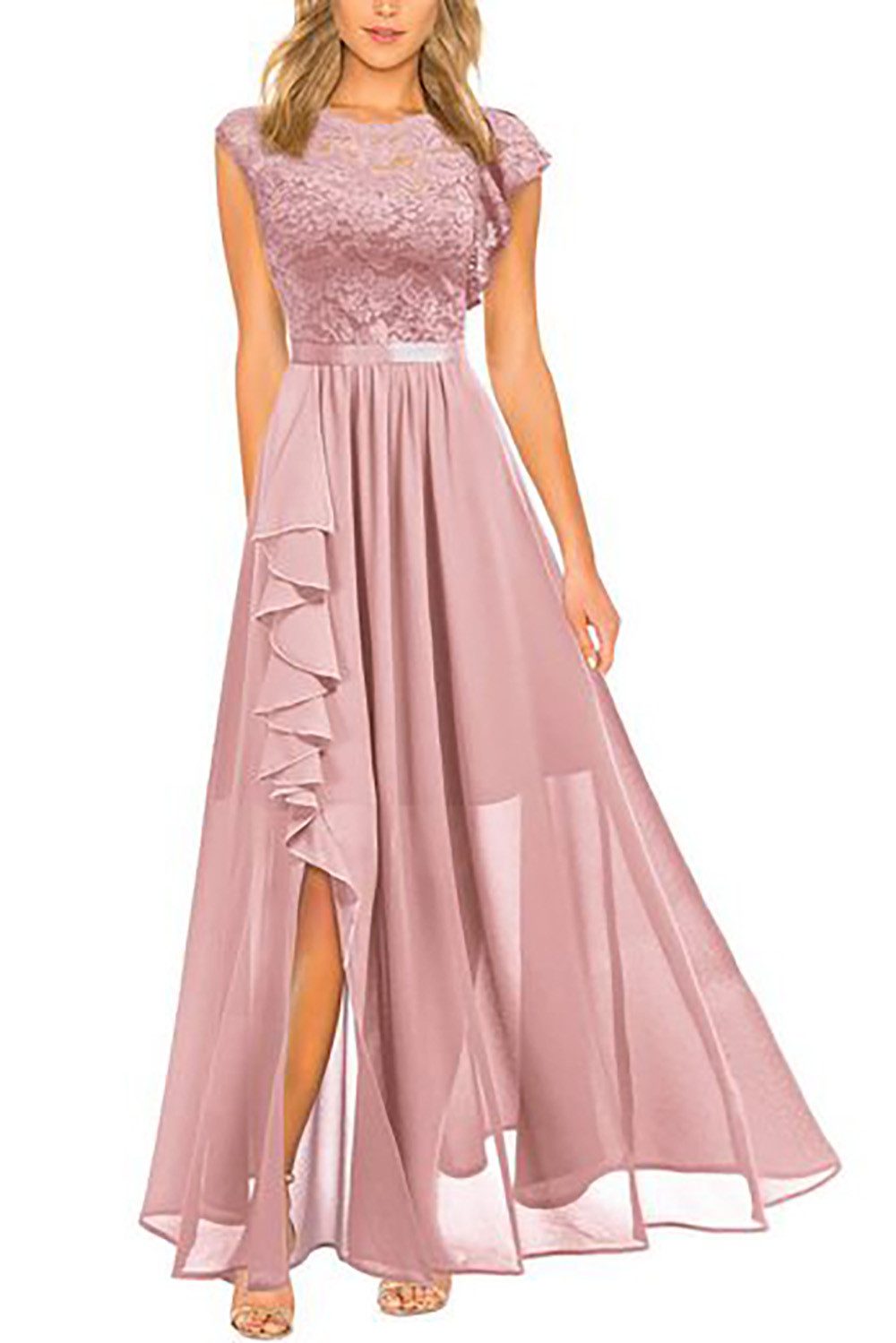 BlauWave Spitzenkleid Lange Abendkleider mit hoher Taille aus Spitze (1-tlg) Damen kleider festlich elegant mit Chiffon Spitzen,Elegant Maxikleid