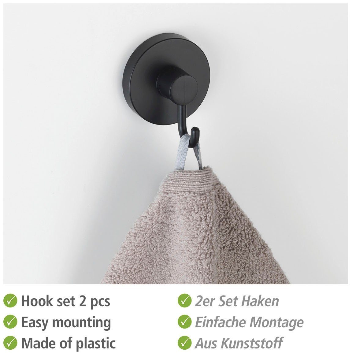WENKO Vacuum-Loc® Wandhaken im 2er Set, Handtuchhalter, je 6 x 6,7 x 5 cm & Vacuum-Loc®Adapter