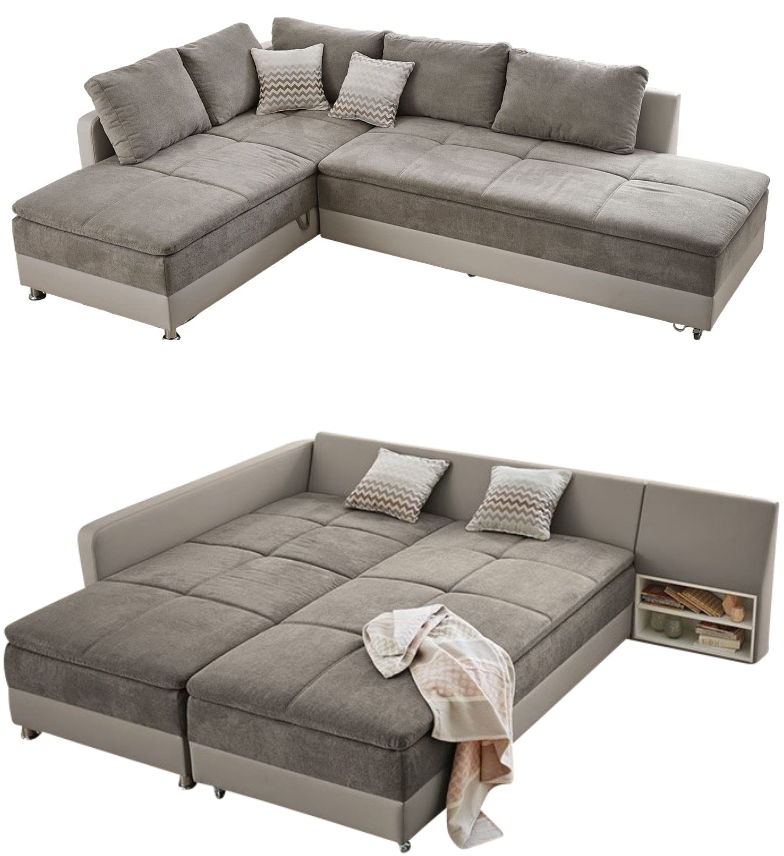 luma-home Ecksofa 15102, Dauerschläfer mit schwenkbarer Ottomane rechts 307x223 cm, Stauraum, Federkern, Boxspring, Topper, Mikrofaser Grau Braun, Kunstleder Beige