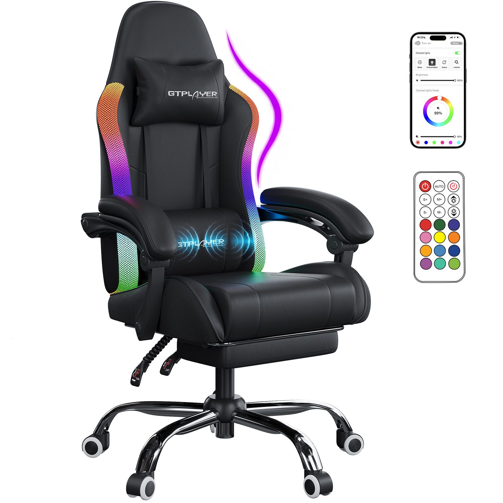 GTPLAYER Gaming-Stuhl Bürostuhl Gaming Chair mit LED Lichtleiste, Gamer Stuhl, Rückenlehne mit Aufbewahrungstasche PC Stuhl mit Fernbedienung