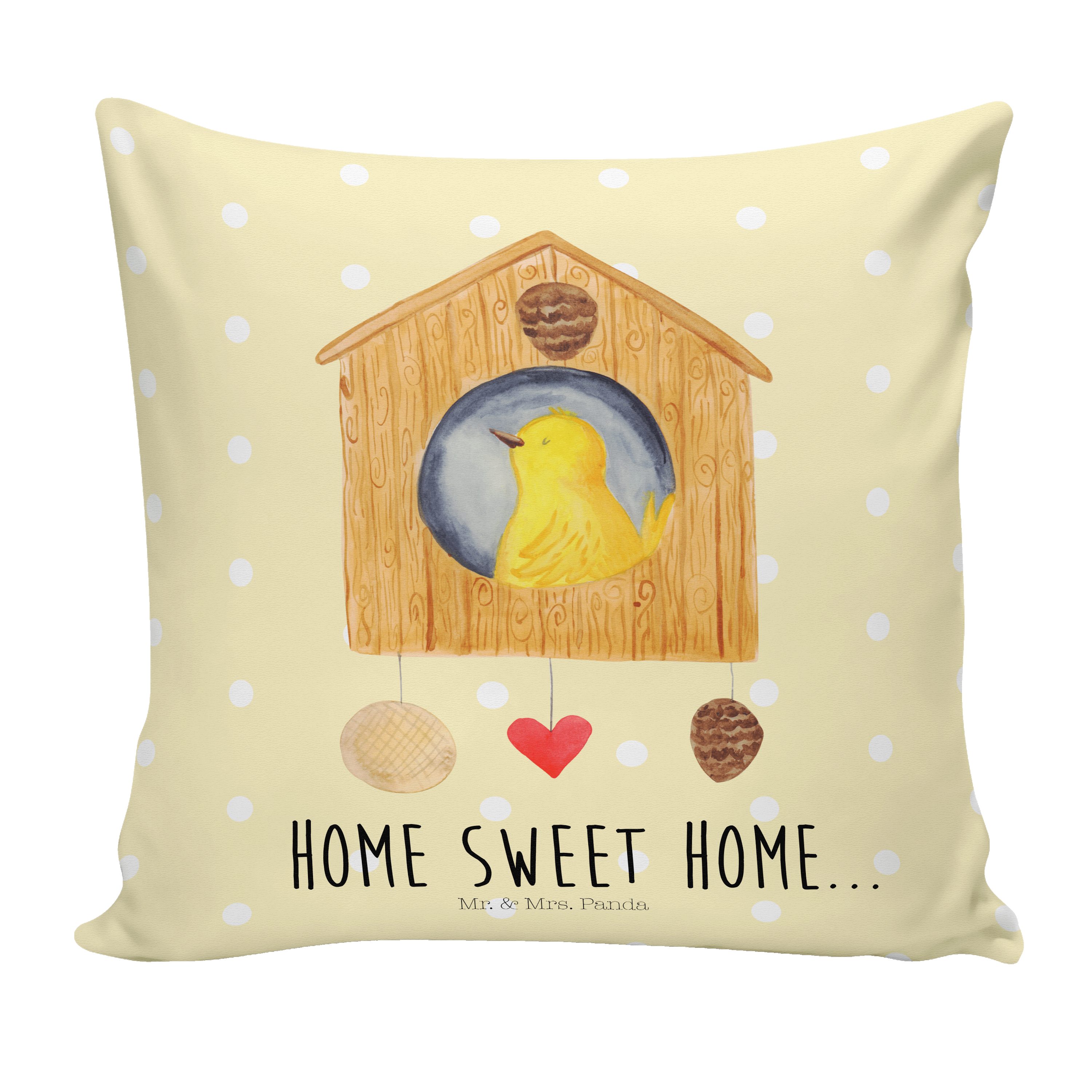 Mr. & Mrs. Panda Dekokissen Vogelhaus sweet Home - Gelb Pastell - Geschenk, süße Tiermotive, lust