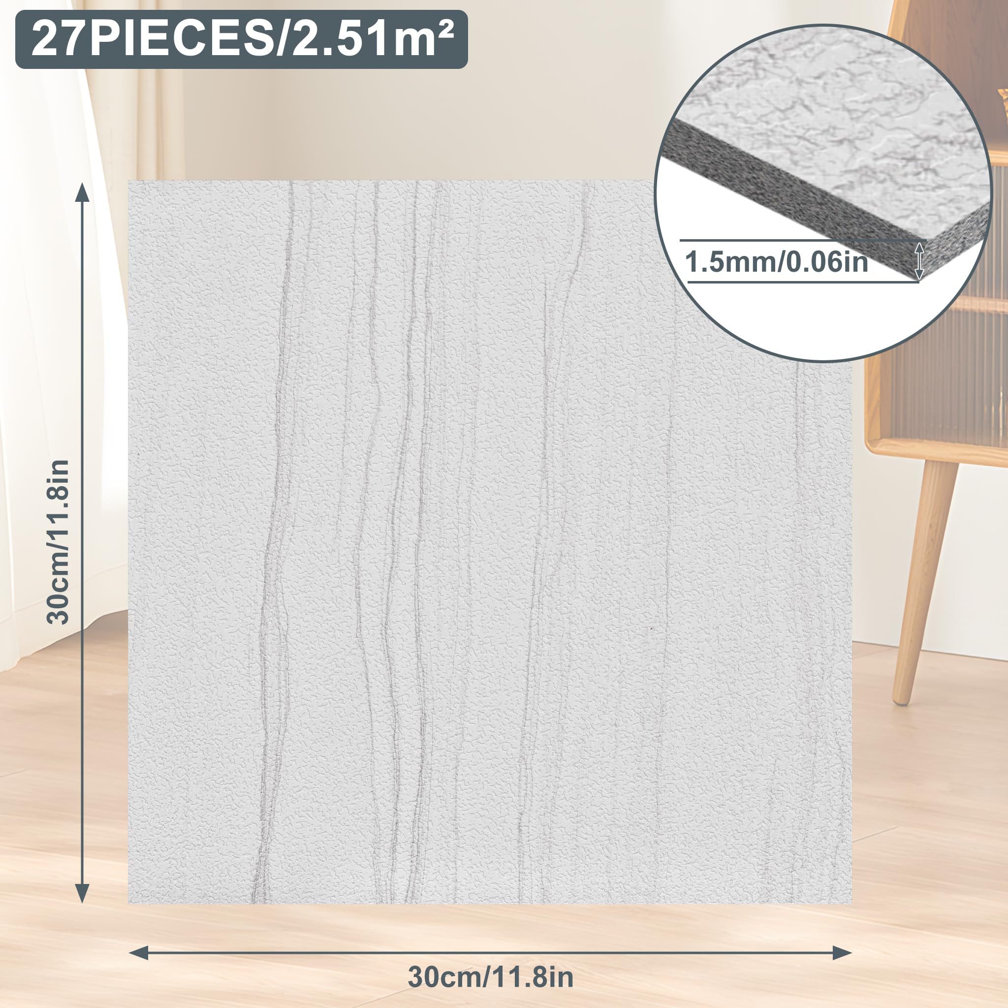 FIVMEN Vinylboden PVC Bodenbelag Selbstklebend Vinylboden Bodenfliesen 30cm×30cm, 27 Stück, 2.51m², Fliesenaufkleber Rutschfeste Venylbodenbelag für Schlafzimmer, Küche