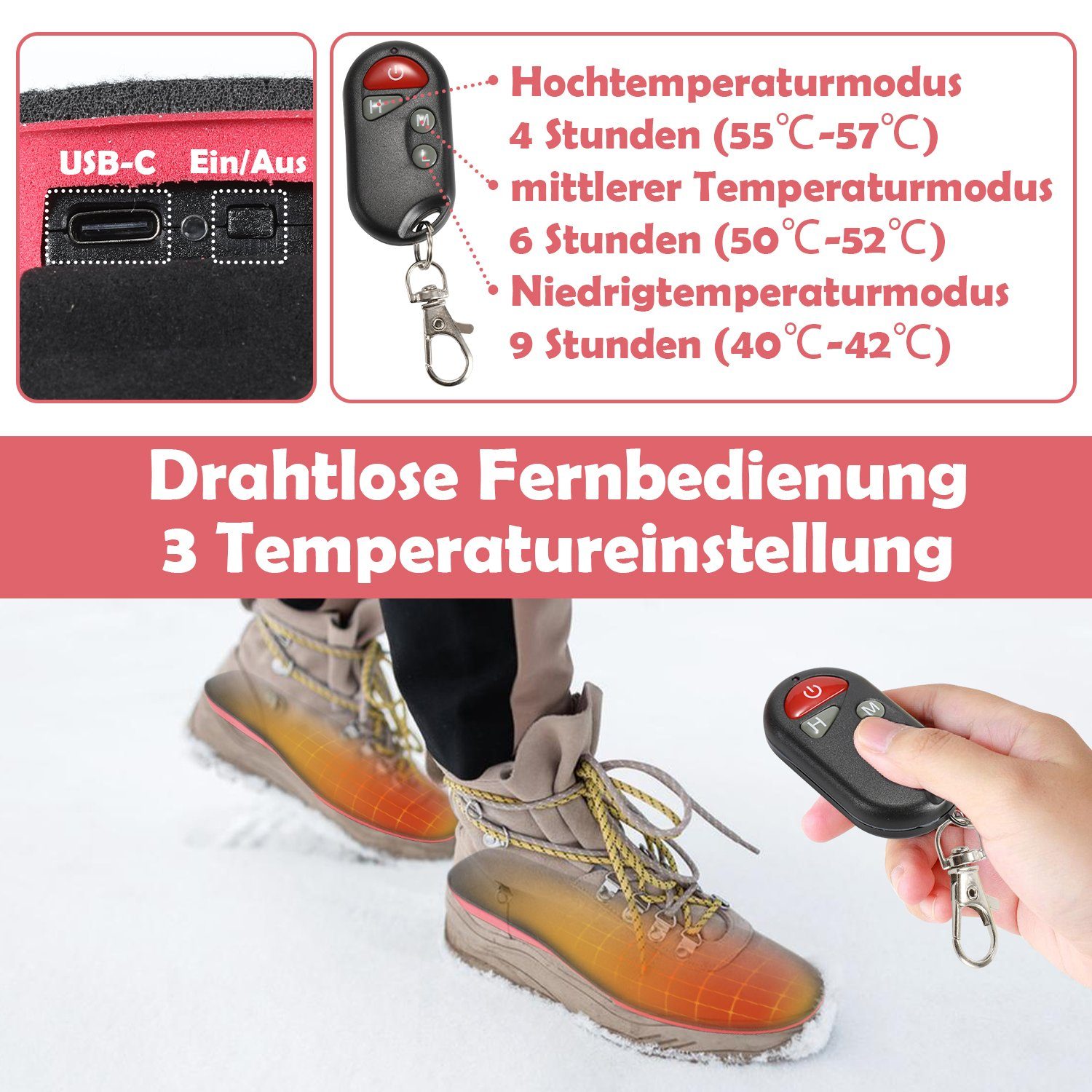 Gimisgu Thermosohlen Beheizte Einlegesohlen, 35-40, 3-stufige usb-Ladekabel USB 1 Temperaturregelung, Fernbedienung, Fernbedienung, mit (Set, 5-tlg., Paar), Wiederaufladbar