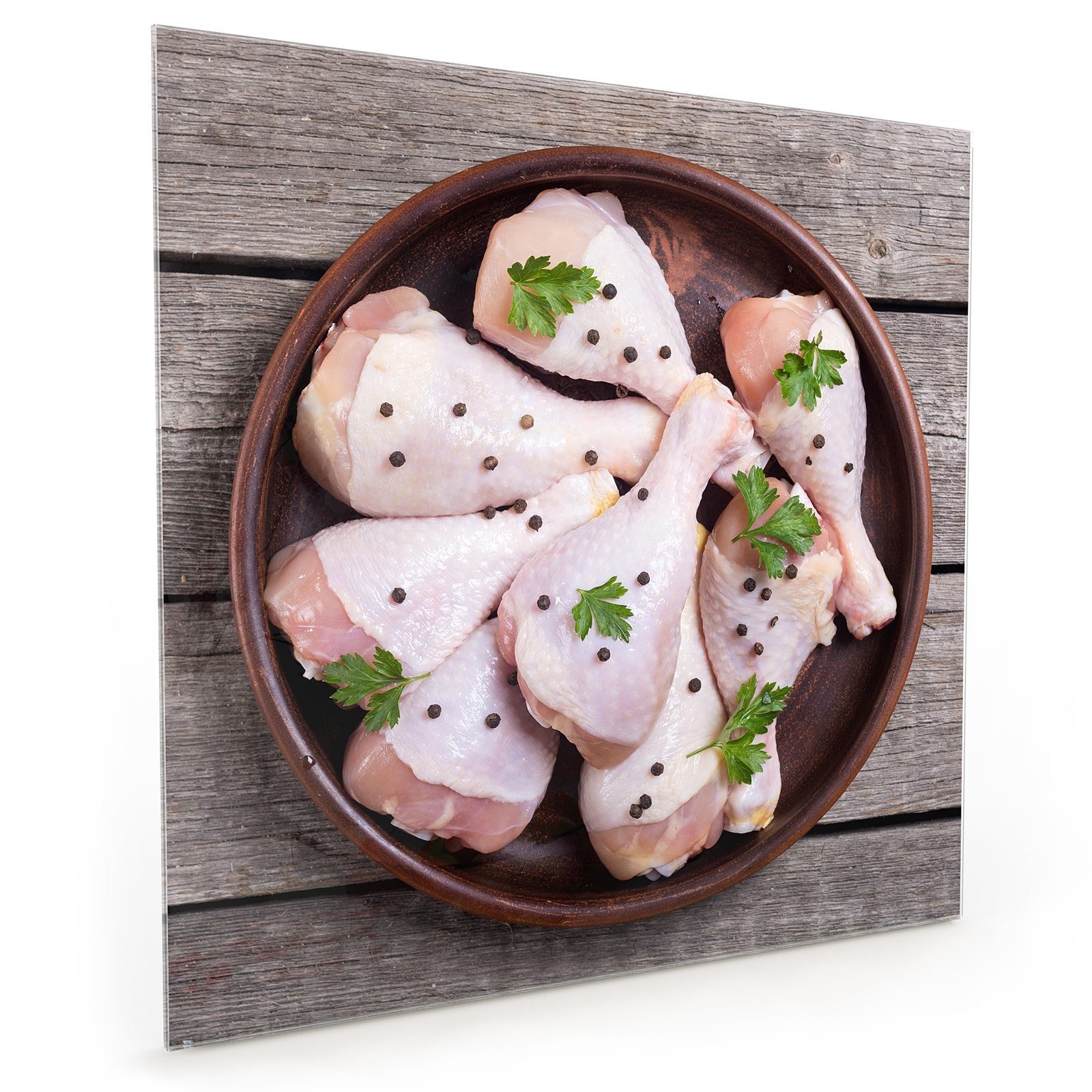 Primedeco mit Küchenrückwand Glas Motiv Hühnchen Spritzschutz auf Teller Küchenrückwand
