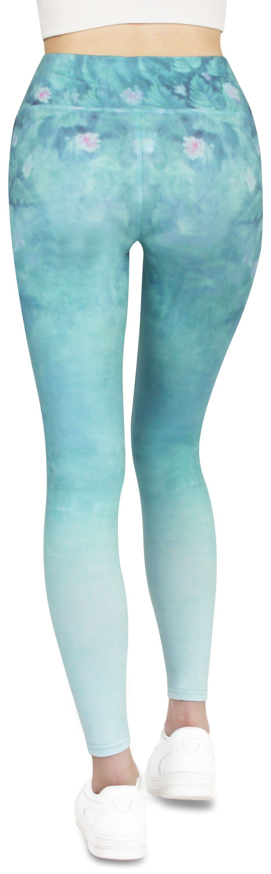 vielen Waist, für Sport Blau Frentree Lange hohem High Leggings Laufhose Leggings, in Hose mit Blumen Damen, Yoga Farben, Komfort