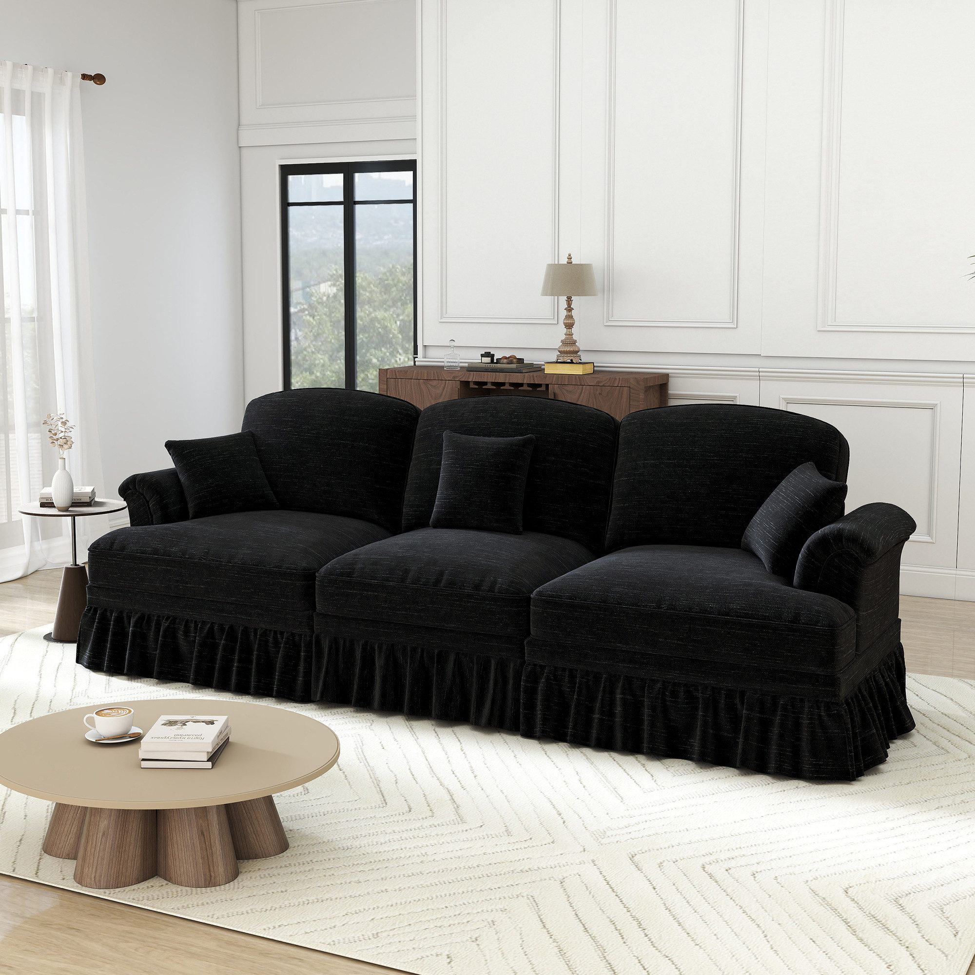 Odikalo Big-Sofa Ecksofa mit Schlaffunktion und Volant, Elegantes Mid-Century 2-3-4-5-Sitzer Sofa aus Chenille mit Trichter-Armlehnen, abnehmbarer Rüschenschürze & spindelförmigen Beinen – Komfortables Sofa fürs Wohnzimmer, Mehrfarbig