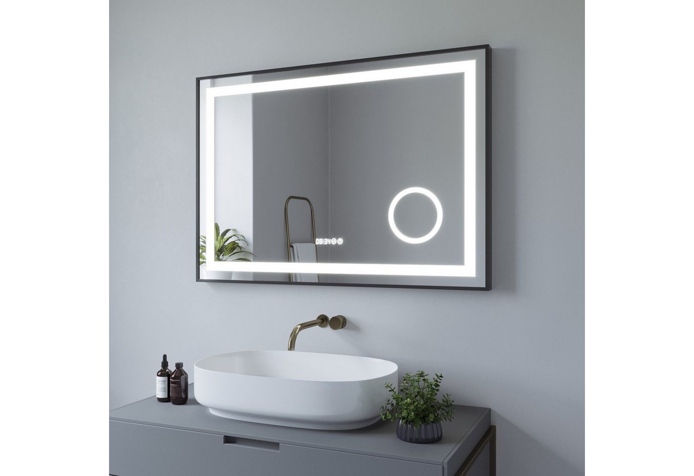 Thumbnail - AQUALAVOS Badspiegel Badspiegel mit Beleuchtung Schwarzer Rahmen Wandspiegel Kaltweißlicht, 100x70cm, 120x60 cm, Beschla...