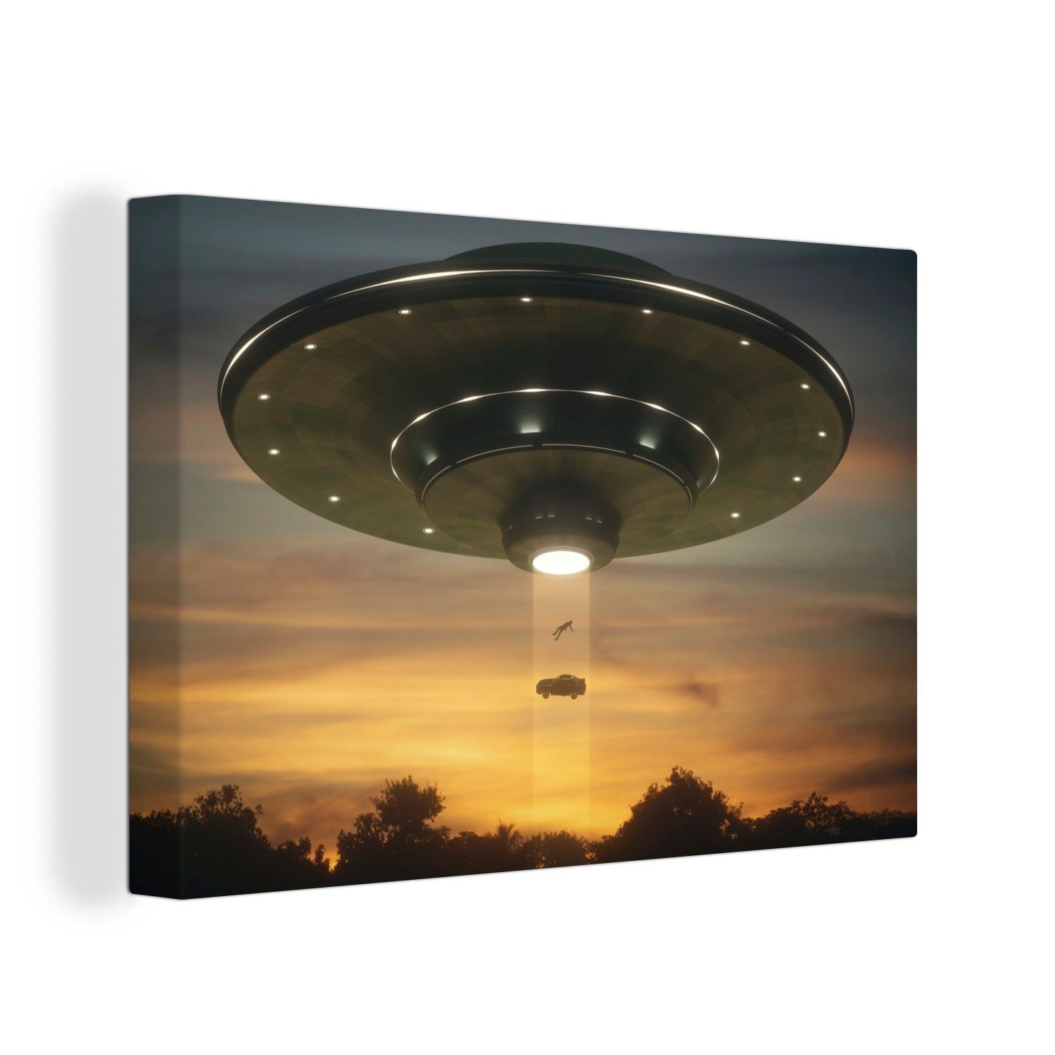 OneMillionCanvasses® Leinwandbild Eine Illustration eines UFOs, das ein Auto in die Luft jagt - Jungen -, (1 St), Wandbild Leinwandbilder, Aufhängefertig, Wanddeko, 30x20 cm