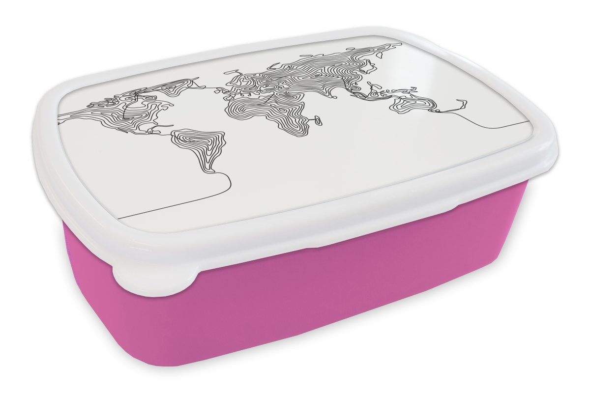 MuchoWow Lunchbox Weltkarte - Schwarz - Weiß - Linie, Kunststoff, (2-tlg), Brotbox für Erwachsene, Brotdose Kinder, Snackbox, Mädchen, Kunststoff rosa