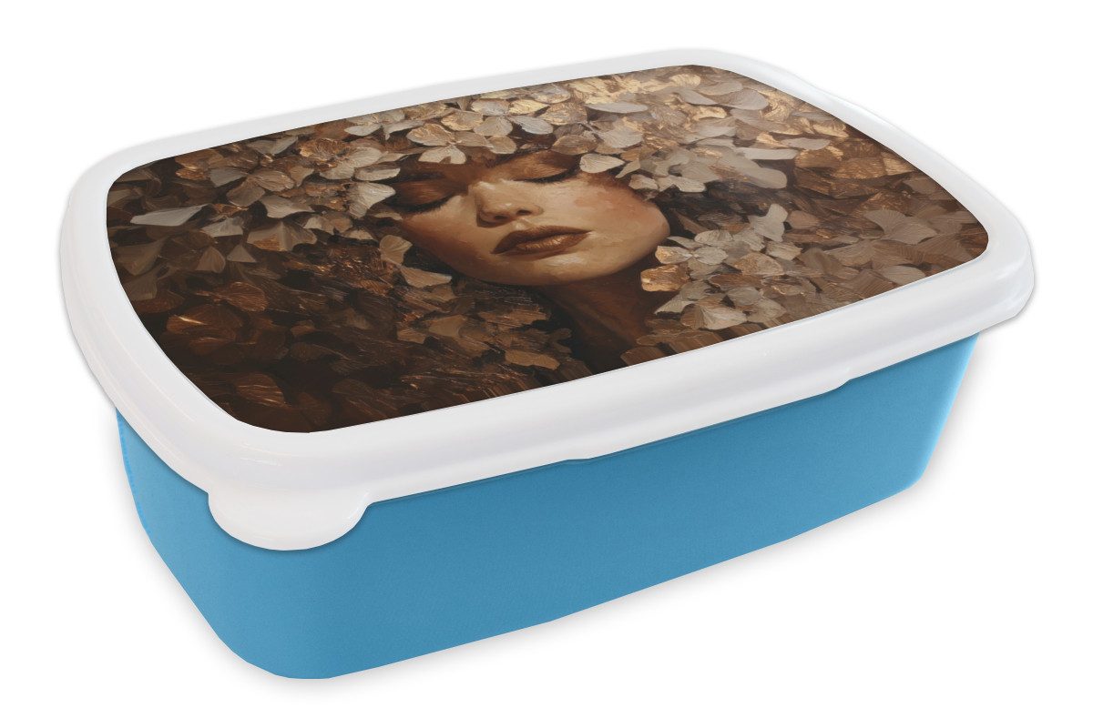MuchoWow Lunchbox Gesicht - Dame - Blätter - Pinselstriche, Kunststoff, (2-tlg), Brotdose, Lunchbox, Brotbox für Kinder und Erwachsene