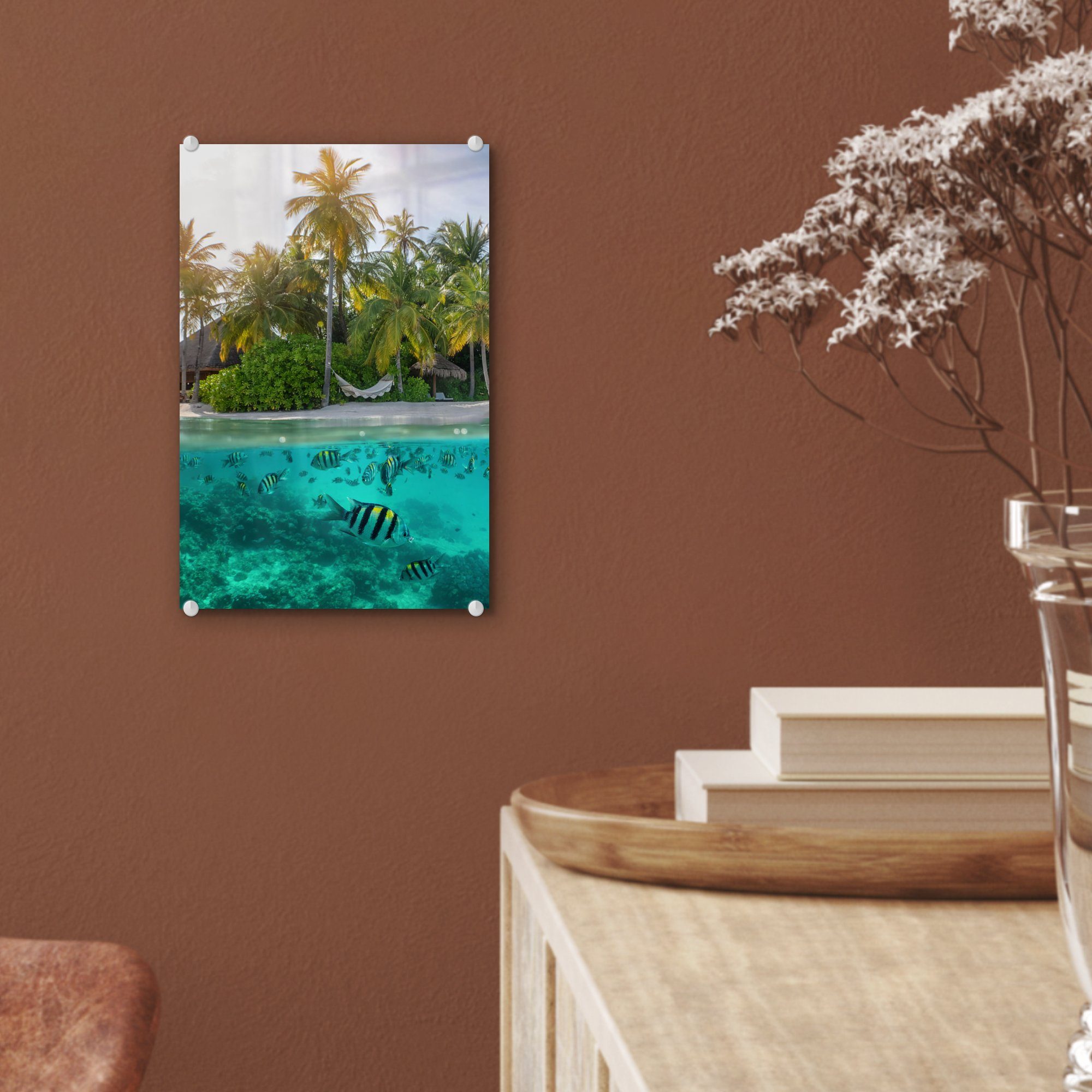Wandbild - Wanddekoration (1 Bilder - MuchoWow - Glasbilder Fisch - Insel, Glas auf - Acrylglasbild St), - Glas Strand Foto auf Meer bunt