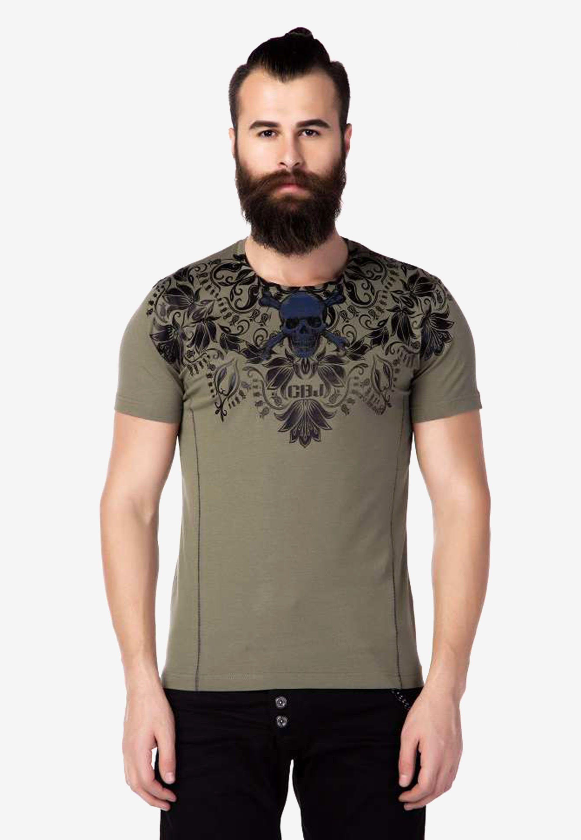 Cipo & Baxx T-Shirt mit coolem Totenkopf-Brustprint khaki