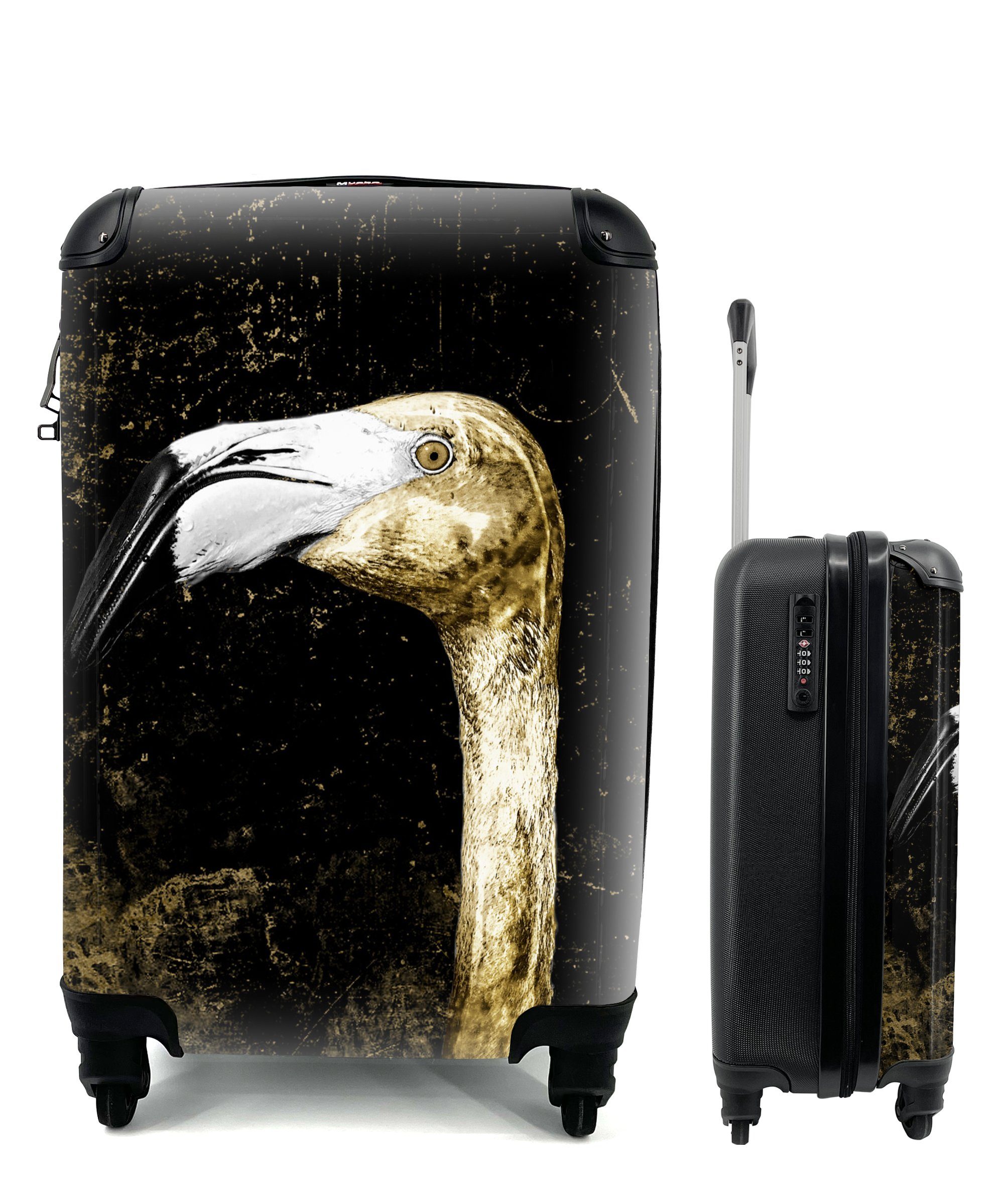Rollen, Flamingo Tropisch, Handgepäckkoffer Handgepäck rollen, Trolley, für 4 mit Ferien, - Reisetasche Reisekoffer Gold MuchoWow -